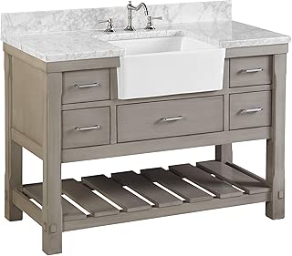 Charlotte 48-inch Bathroom Vanity (Carrara/Weathered Gray): Includes a Carrara Marble Countertop, Weathered Gray Cabinet with Soft Close Drawers, and White Ceramic Farmhouse Apron Sink - coolthings.us