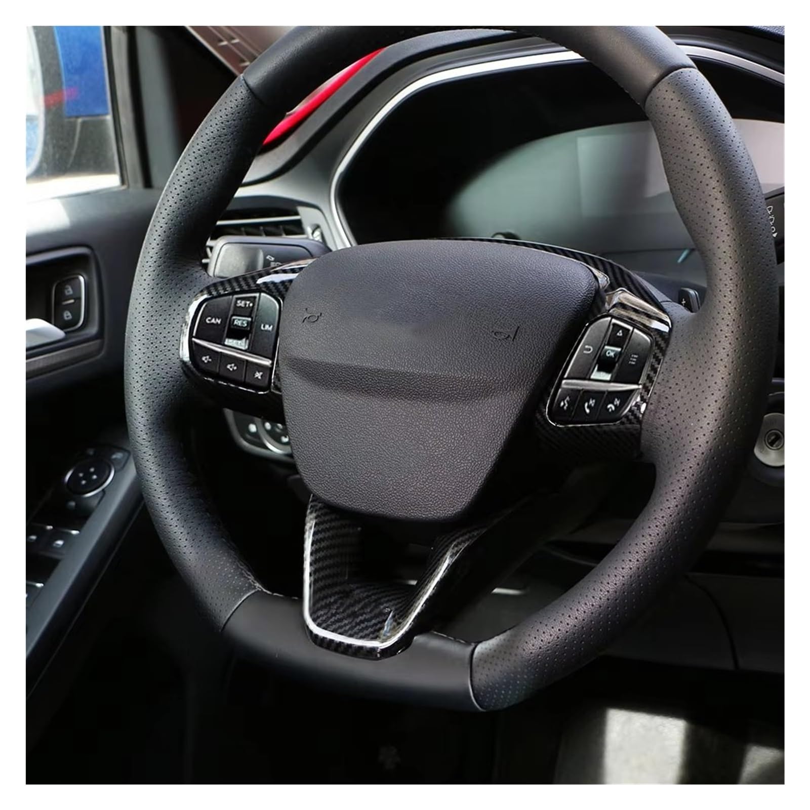Interno Accessori Volante Pannello Copertura per Ford per Fiesta MK8 2017-2021 per Focus MK4 2019-2023 ABS Auto Pulsante Controllo Telaio Trim Adesivo Decorativi(Carbon Fiber Black)