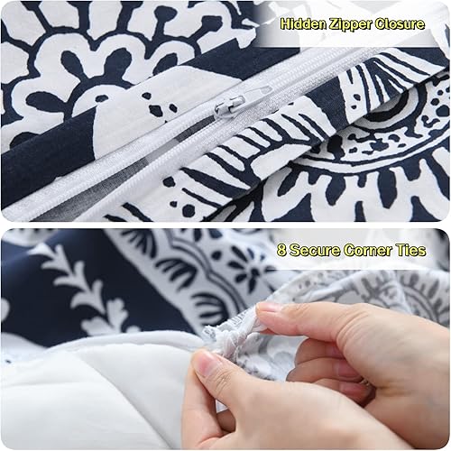 Miniatura 10 de Juego de funda de edredón tamaño King, 100% algodón, ultra suave, juego de ropa de cama floral de damasco azul de 3 piezas con 1 funda de edredón