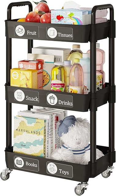 Dttwacoyh,3 Tier Utility Cart, Mobile Rolling Storage Trolley with Wheels, Shelf with Handle, Shelf for Kitchen, Bathroom, Office, Laundry, Makeup, Black