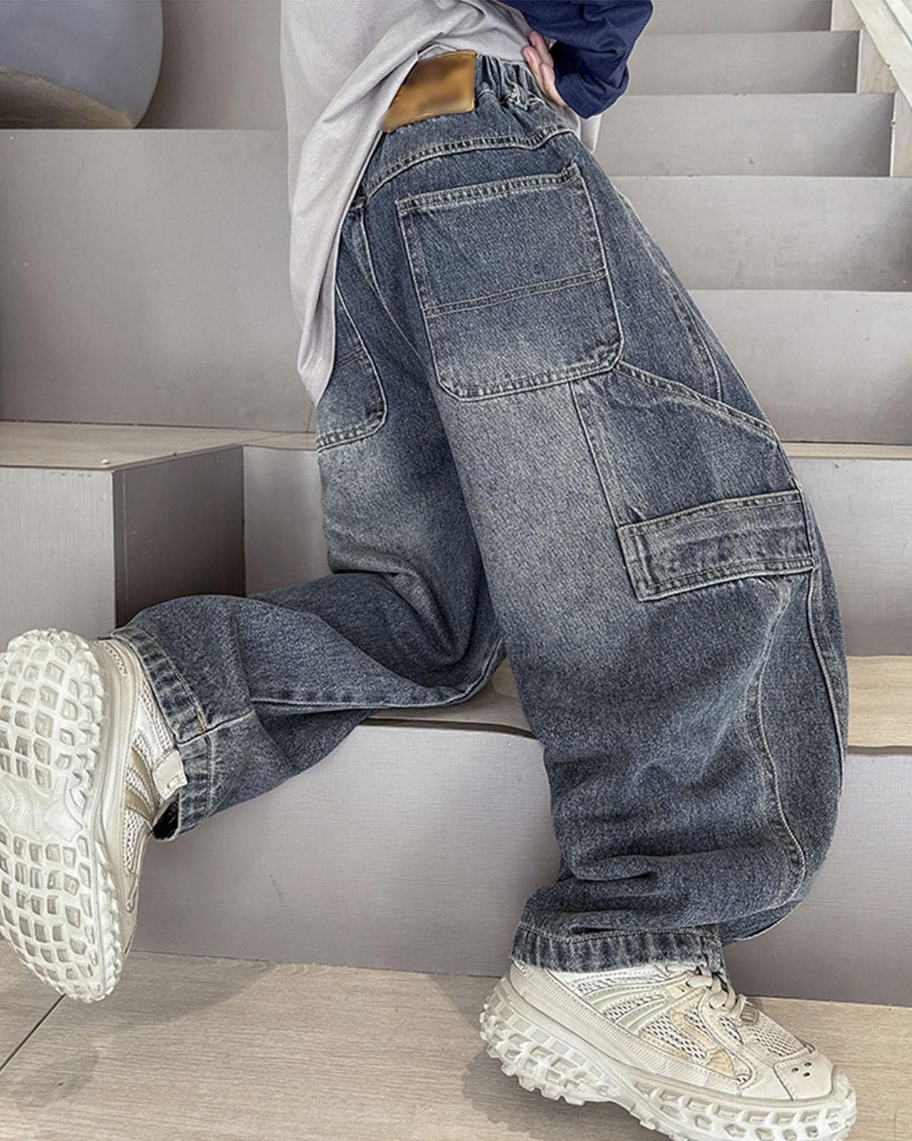Vaquero Baggy para niños, Cintura Alta Informal, Cintura elástica, Pantalones Vaqueros de Pierna Recta