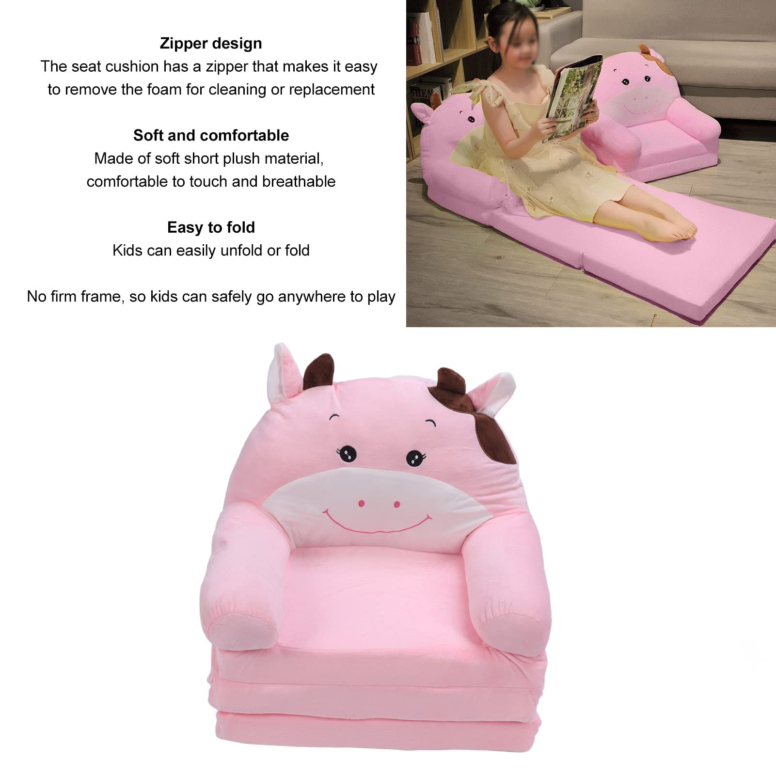 Składana Sofa dla Dzieci Cute Cartoon Miękka Wygodna Rozkładana Sofa dla Chłopców Dziewcząt Sypialnia w Różowym Kształcie Krowy (3 warstwy)