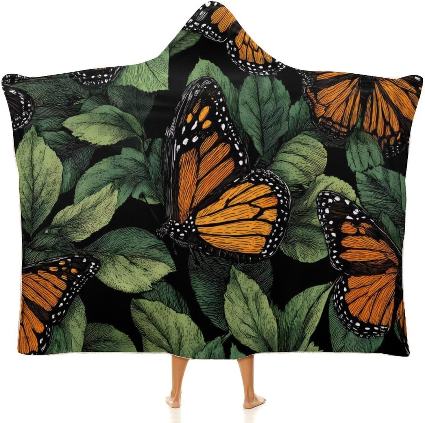 Monarch Butterflies Green Leaves Wearable Blanket Hoodie | Flannel Fuzzy Machine Washable Home Camping Lounging