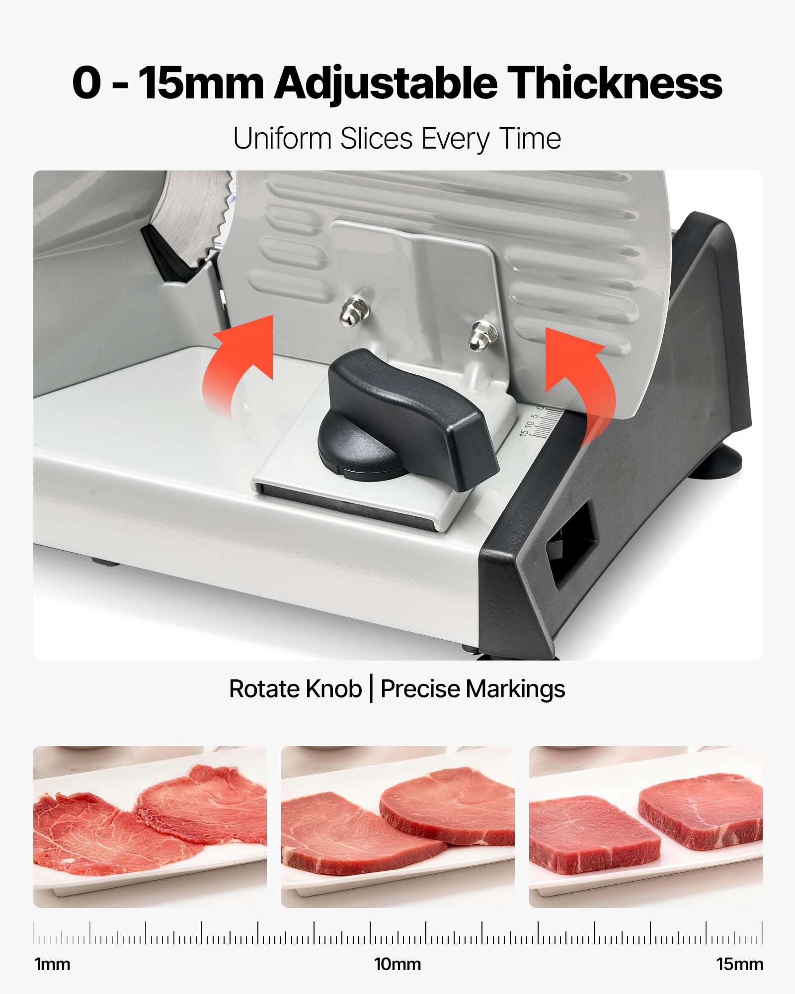 VEVOR Cortafiambres Eléctrico 200 W, Cortadora de Fiambre con Cuchilla Afilada de 190 mm, Velocidad de Corte de 70 a 100 RPM, Grosor Ajustable de 0 a 15 mm, para Carne Congelada, Jamón, Baguette