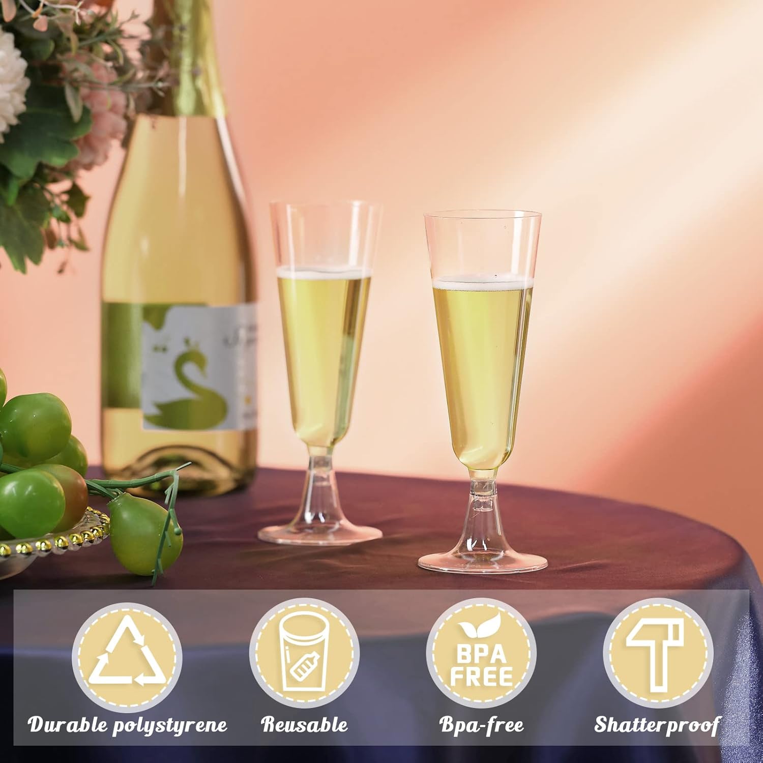 Chengu 150 Pcs Champagne Flutes 5 Oz Plastic Disposable Champagne Flutes Crystal Wine Glasses Reusable Plastic Cocktail Cups for Wedding Celebration Birthday Party Toasting Drinking (Clear) - Image 5