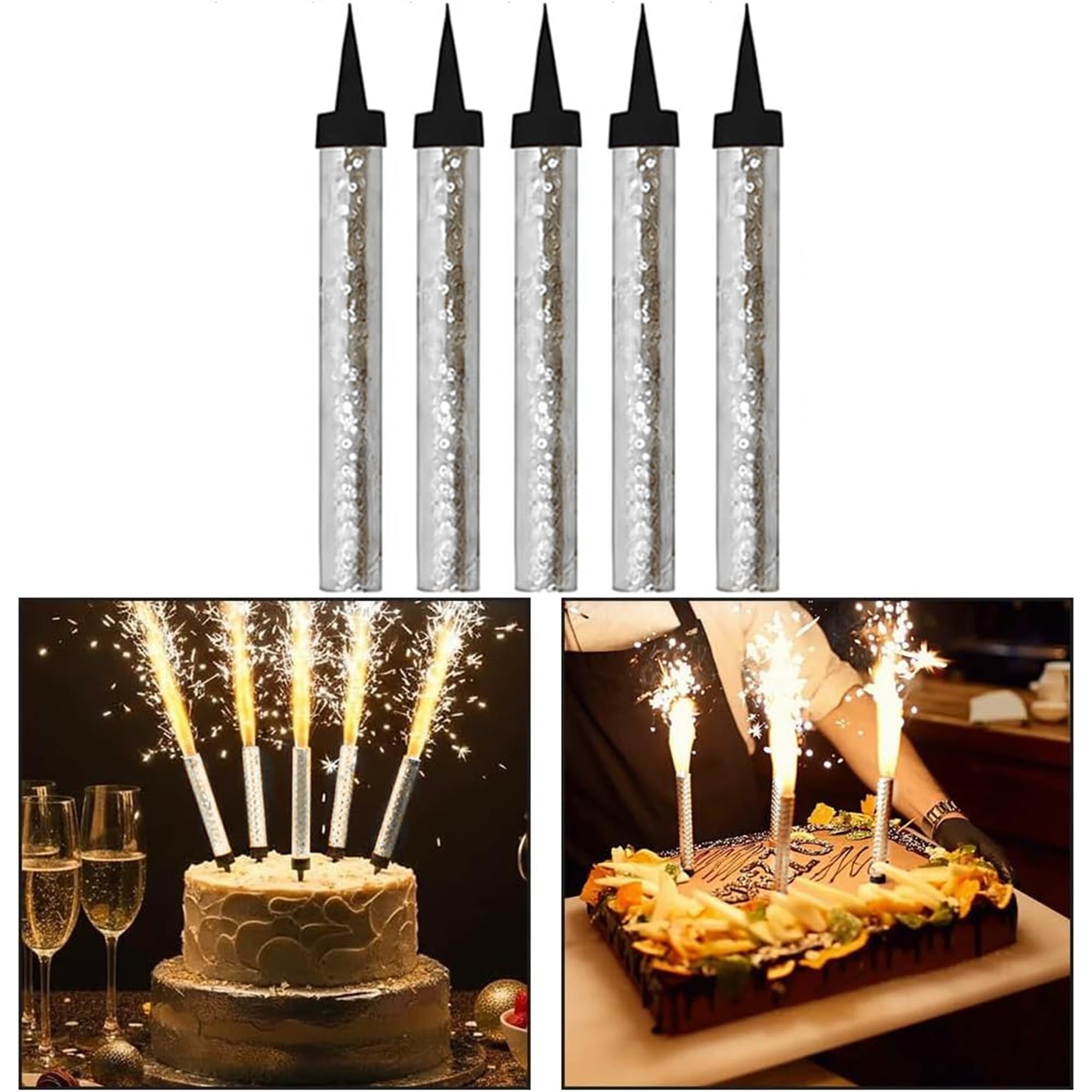 CRSTAL25 Silver Sparkling Fountain Candles in Pack of 5 | Low-Smoke, Bright Sparkle & Long-Lasting Effect | Great for Birthdays, Anniversaries, Weddings & Parties — image 1