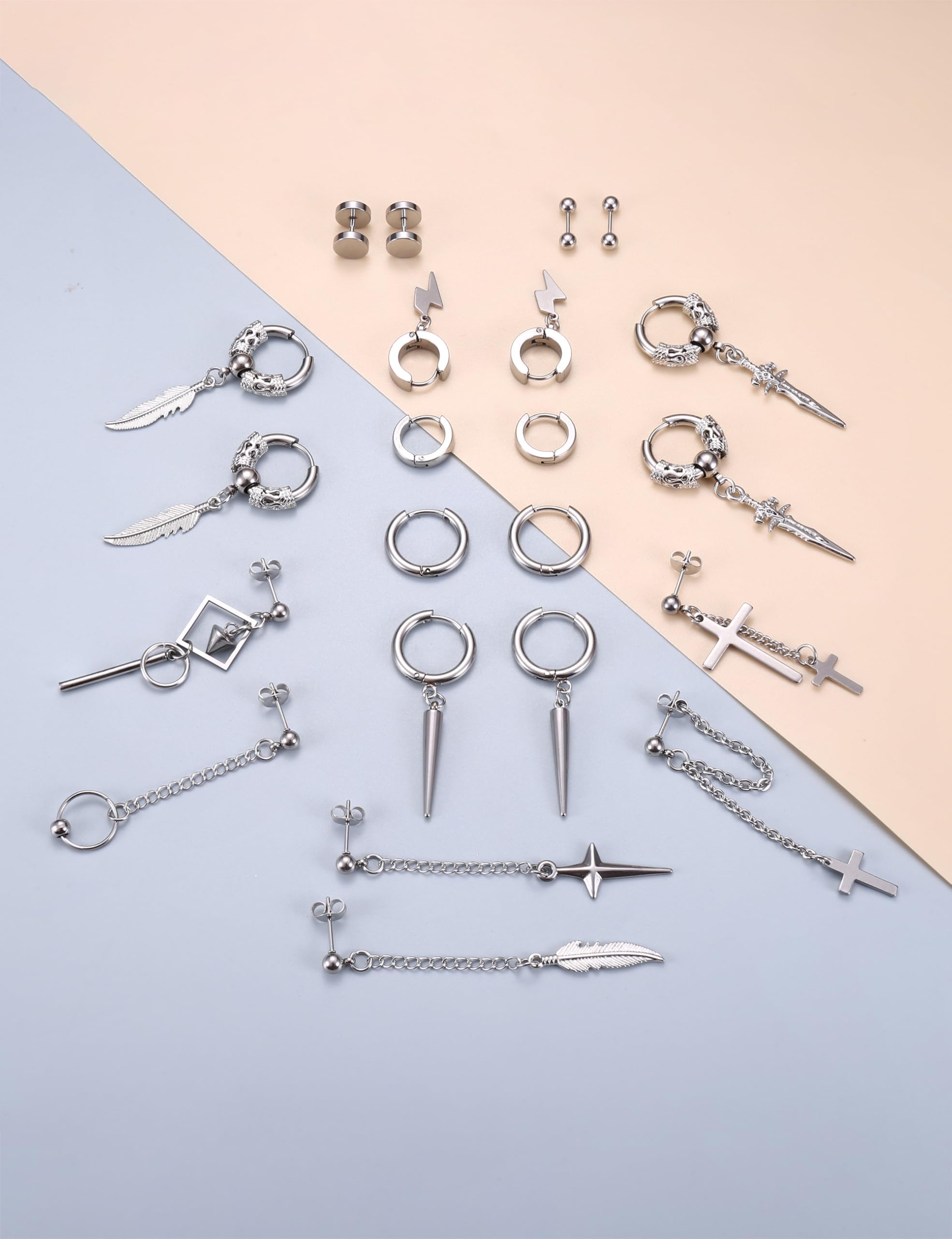 JeryWe 22 Pares aretes colgantes para hombre acero inoxidable, con bisagras, cadena larga, aretes colgantes de cruz, juego de aretes Kpop para hombre, Acero inoxidable（Plata）