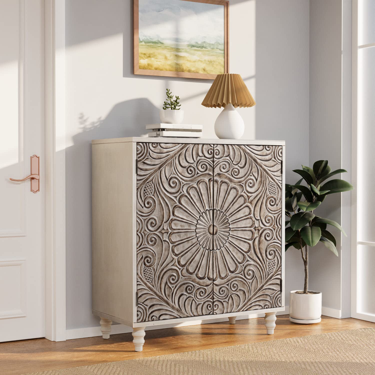 COSIEST 32" W Sideboard Buffet Cabinet with Storage, Accent Cabinet with 2 Push-to-Open Magnetic Doors, Vintage MDF Buffet Table for Living Room, Kitchen, Hallway (Gray,Flower Pattern)