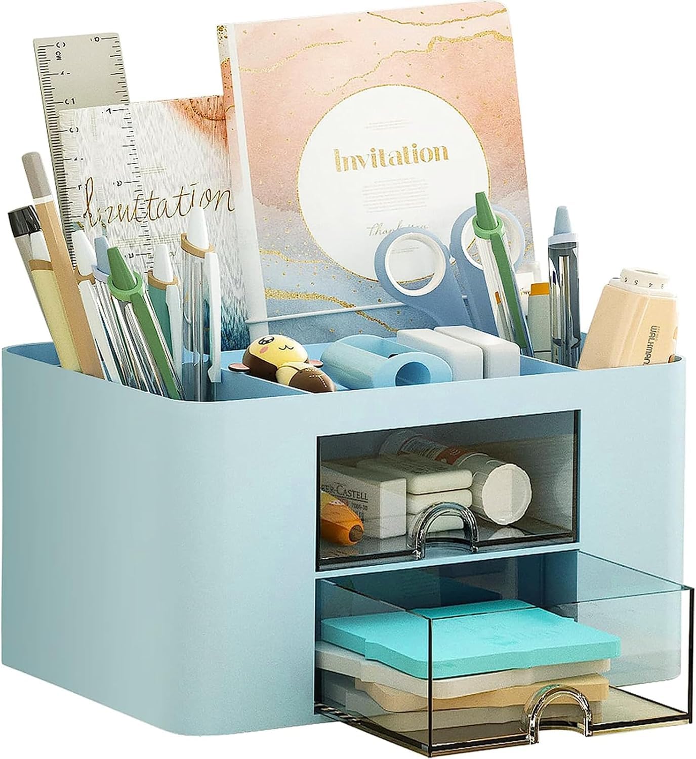 Zeinwap Organizer da scrivania multifunzione con 5 scomparti e 2 cassetti, per scrivania, articoli di cancelleria, cosmetici, penne, pinzette, foglietti adesivi, colore: blu