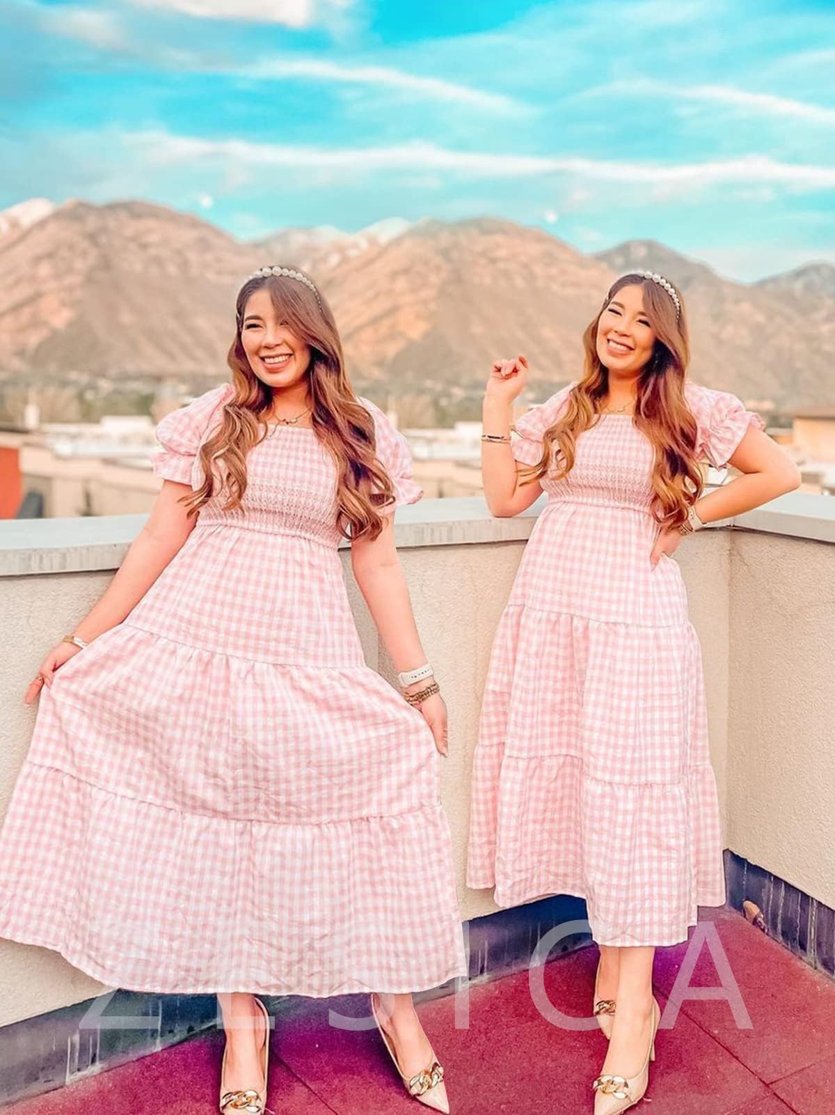 ZESICA - Vestido de verano bohemio para mujer, a cuadros, cuello cuadrado, manga abullonada, con volantes, con vuelo, para la playa, largo midi