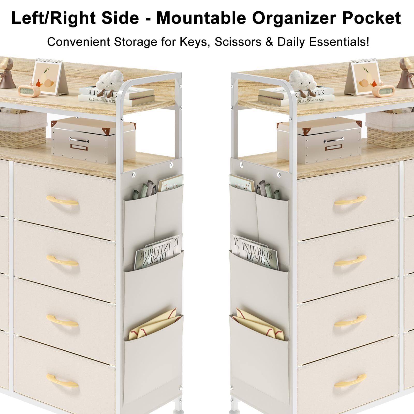 Cassettiera in Tessuto, Cassettiera per Camera da Letto, 8 Cassetti in Tessuto, 4 Tasche Laterali, Credenza con Doppio Ripiano in Legno per Soggiorno, Ingresso, Camera da Letto, Beige