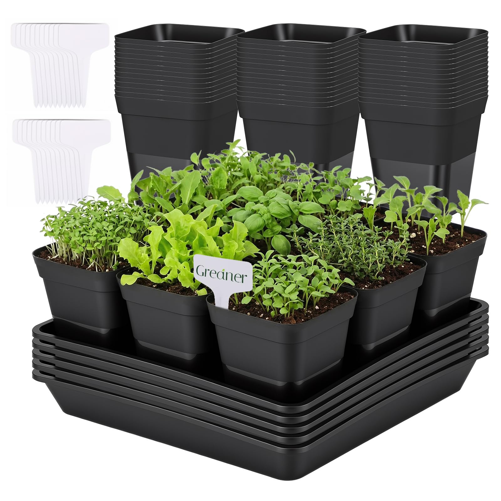 GREANER 50 Pcs Nursery Pots 4 Inch, 5 Packs 12 Inch Reusable Seed Starter Tray, Plastic Sturdy Planting Pots with 20PCS Plant Labels for Indoor Outdoor