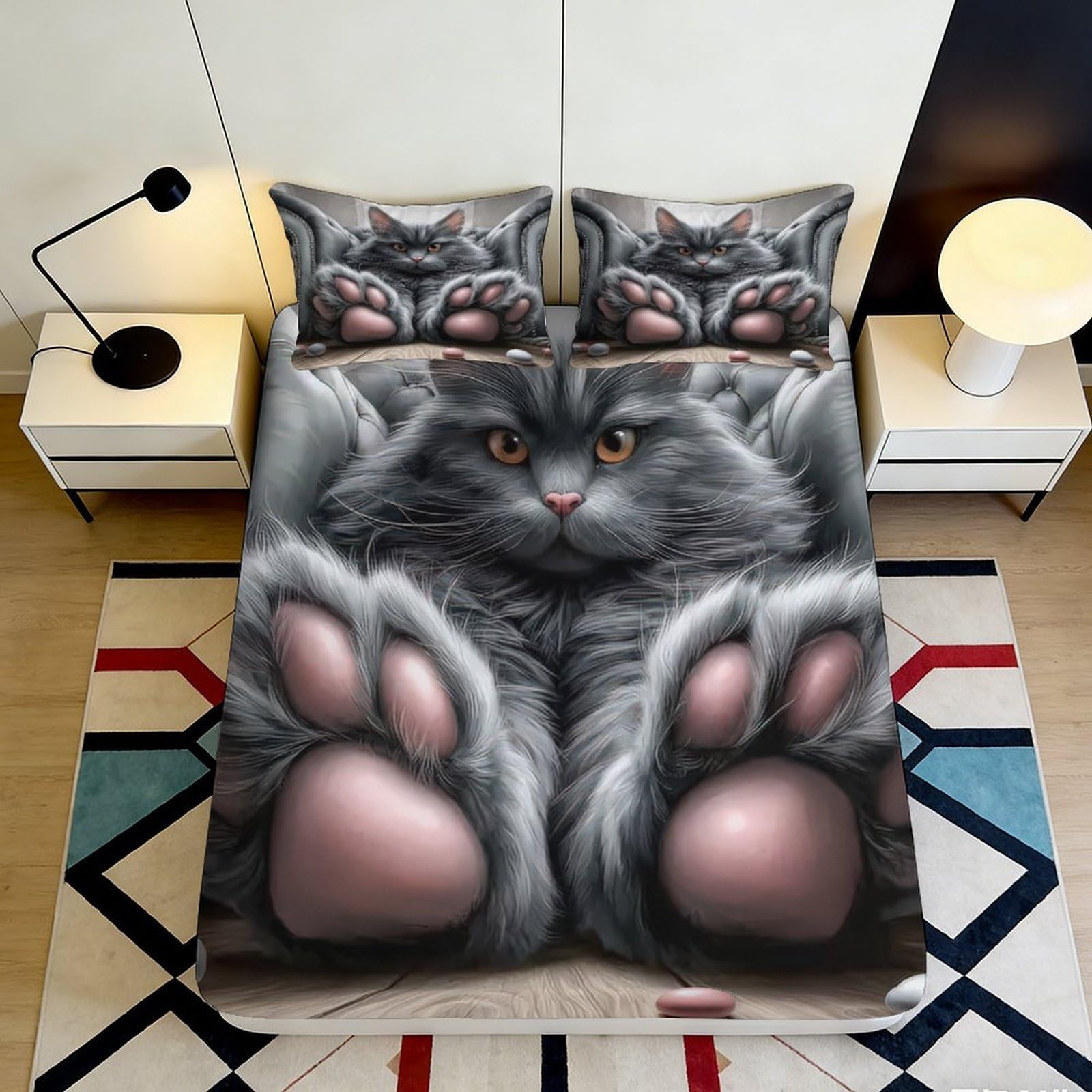 3D Printed Cute Cat Paw Fitted Sheet Microfiber Cozy Soft 3D Printed Fluffy Cat Mattress Cover for Bedroom Dormitory Guest Room Mattress Protection 200x200x25cm