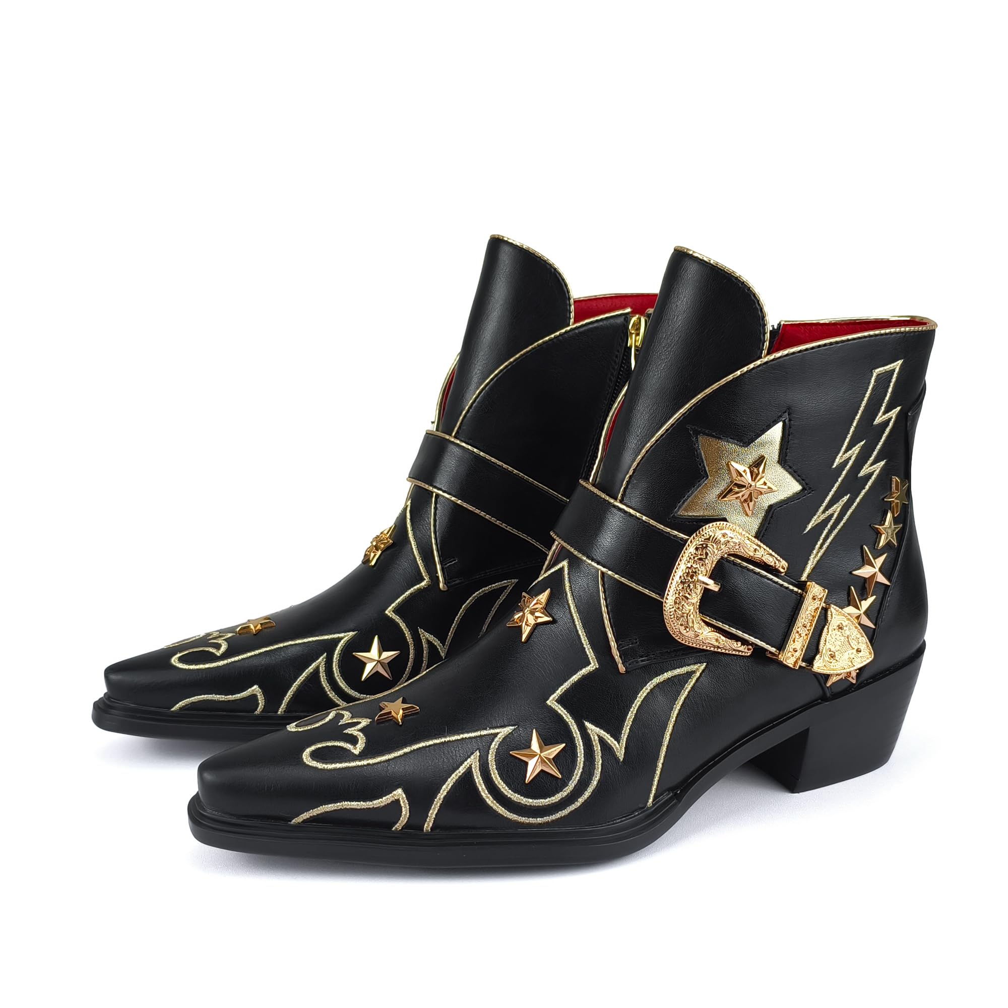 Womens Western Ankle Boots Star Embroidered Cowgirl Boots Pointed Toe Low Heel with Metal Buckle for Festivals Concerts