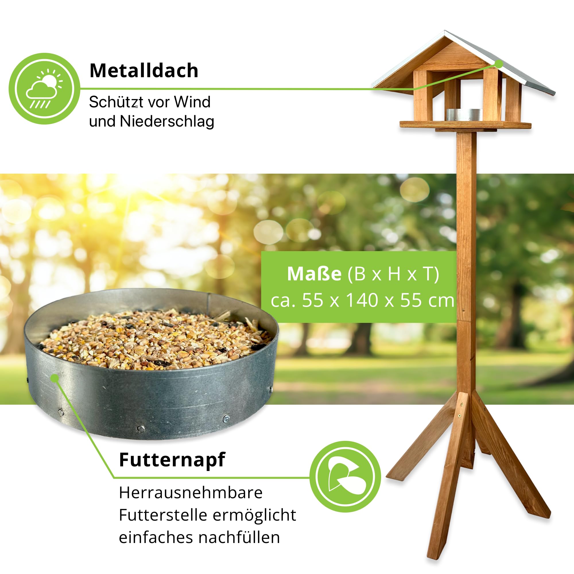 GARTENETAGE Vogelwunder mit Metalldach – Premium Vogelhaus aus Kiefernholz, wetterfest & hygienisch, mit herausnehmbarer Futterstelle, 2-in-1 Ständer, ideal für Wildvögel im Garten