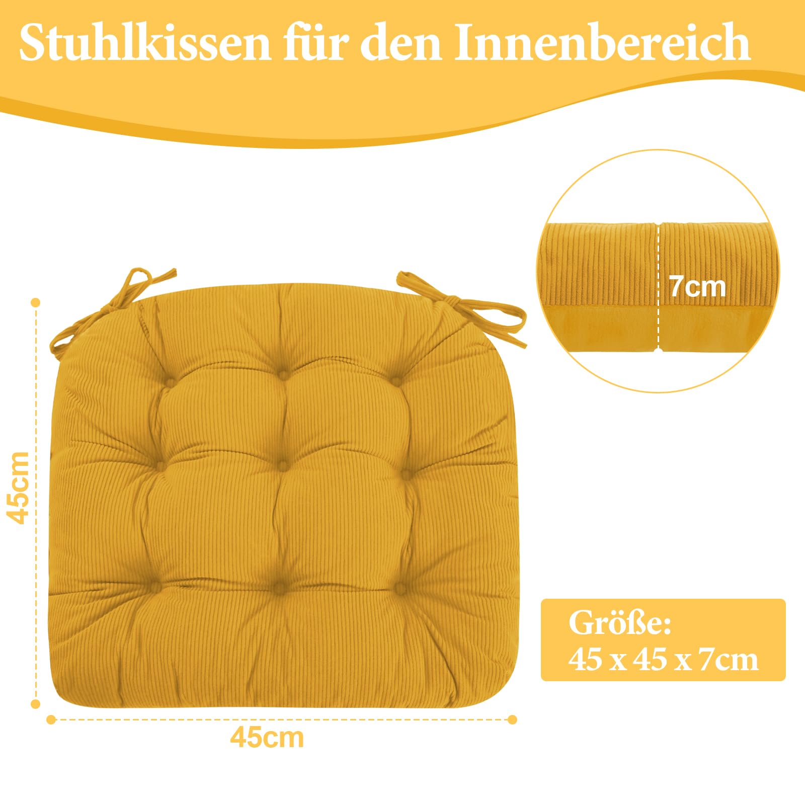Juego de 2 cojines para silla, 45 x 45 x 7 cm, amarillo, cómodos cojines de pana y terciopelo de cristal con lazos, ideales para comedor, oficina, salón y sillas de jardín, relleno de alta