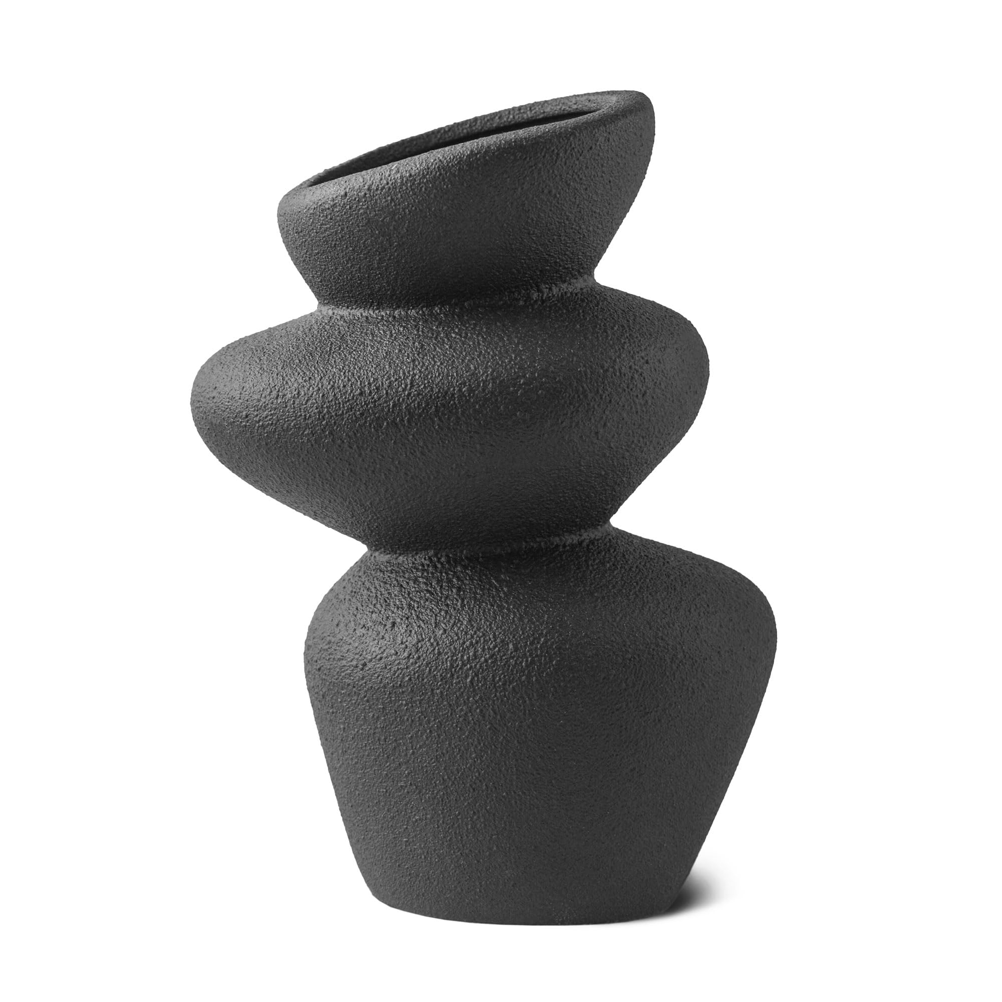 Peuz Black Stone Tower Ceramic Vase - Sculptural Ceramic Vase With Rough Stone Texture For Dried Flowers, Pampas Grass, Fresh Flowers Or Decorative Object, Handmade, Matt Approx 20Cm