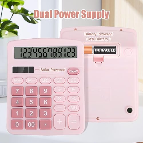 Miniatura 2 de Calculadora de escritorio, botones grandes de calculadora rosa, pantalla LCD grande de 12 dígitos, batería solar y AA de doble potencia,