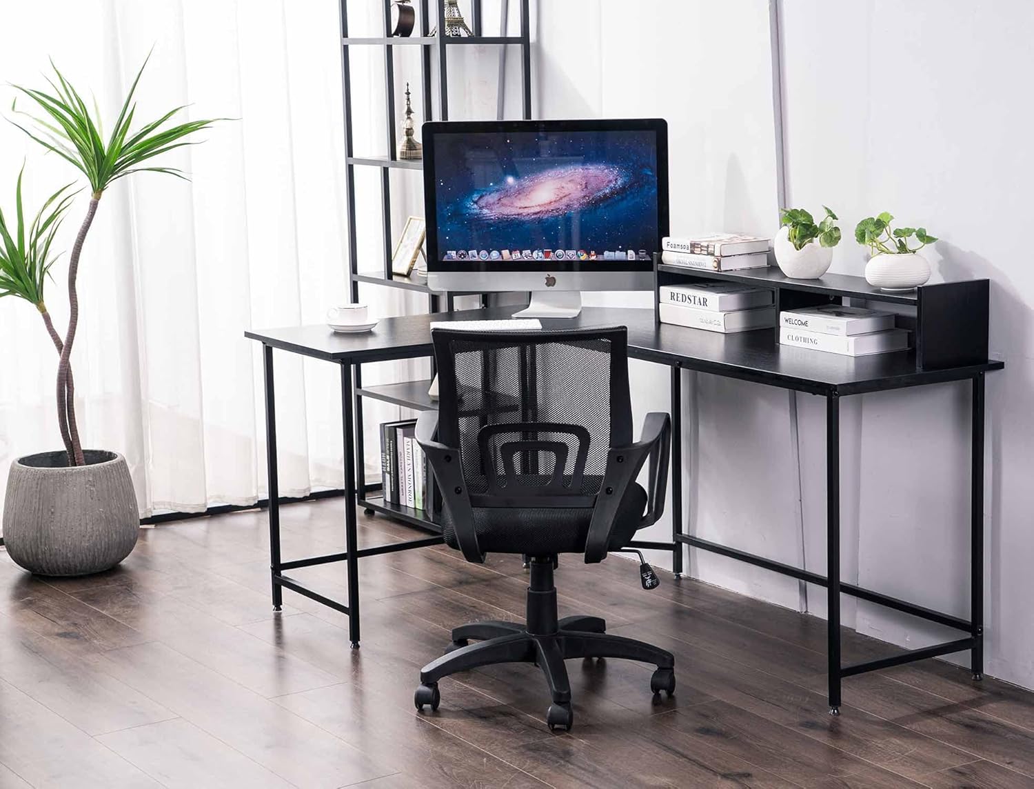 ivinta L Shaped Gaming Desk, Modern Reversible Corner Computer Desk with Monitor Stand for Small Spaces Living Room Bedroom Home Office 6404 (Black)