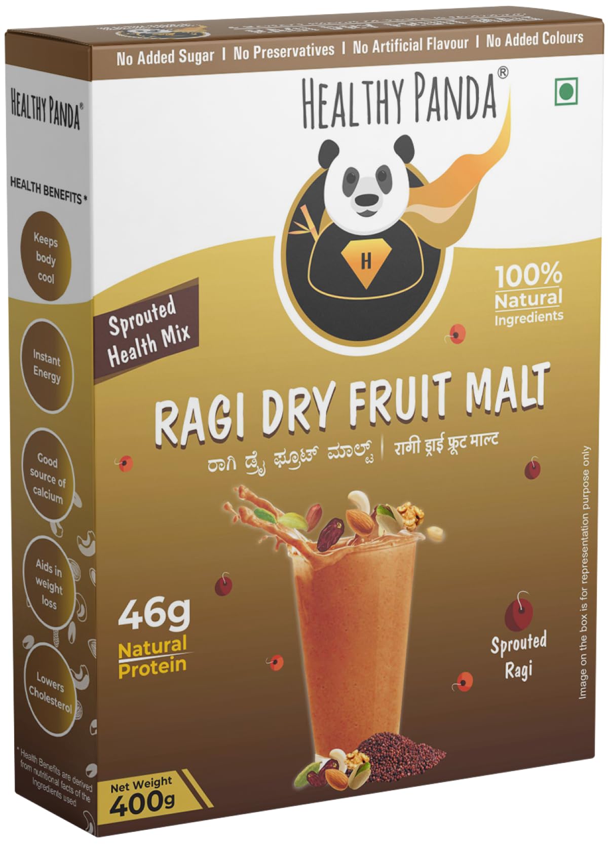 HEALTHY PANDA Organic Sprouted Ragi Dry Fruit Malt (400g) - Sugar-Free, Nutrient-Rich Health Mix for Kids, Adults & Women - Complete Nutrition Drink with Millets & Dry Fruit Powder for Immunity, Energy, and Overall Wellness.