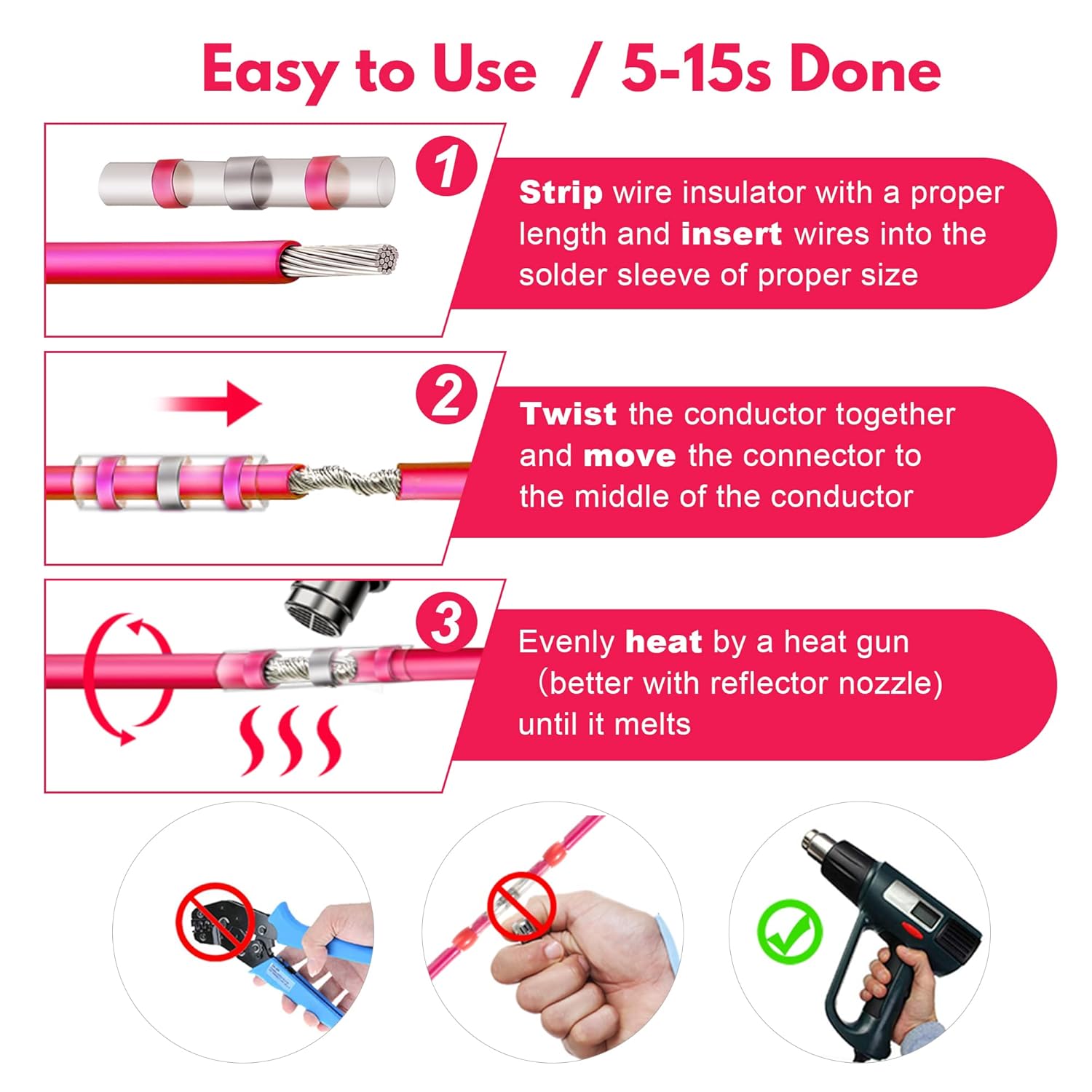 Kuject 500PCS Solder Seal Wire Connectors AWG 22-18, Red Solder Seal Heat Shrink Butt Connectors Terminals Solder Sleeve Waterproof Wire Splice Connector for Marine Automotive Boat Wire Joint