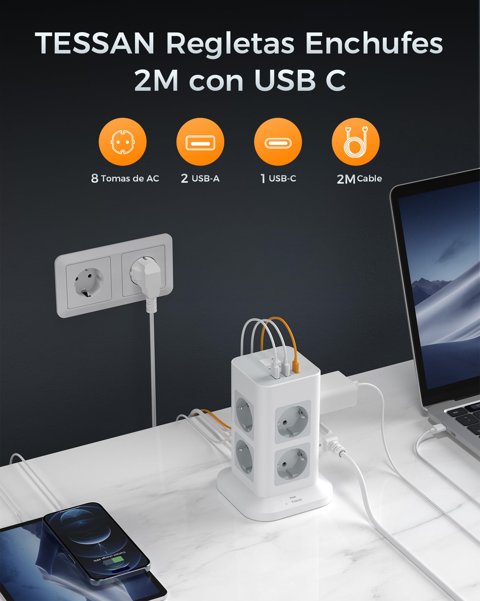 TESSAN Regleta Enchufes Multiple Proteccion Sobretension, Torre Enchufes Vertical 8 Tomas con 1 USB C, Alargador 2M, Regleta USB con Interruptor para Casa, Oficina, 3600W, Gris — view 2