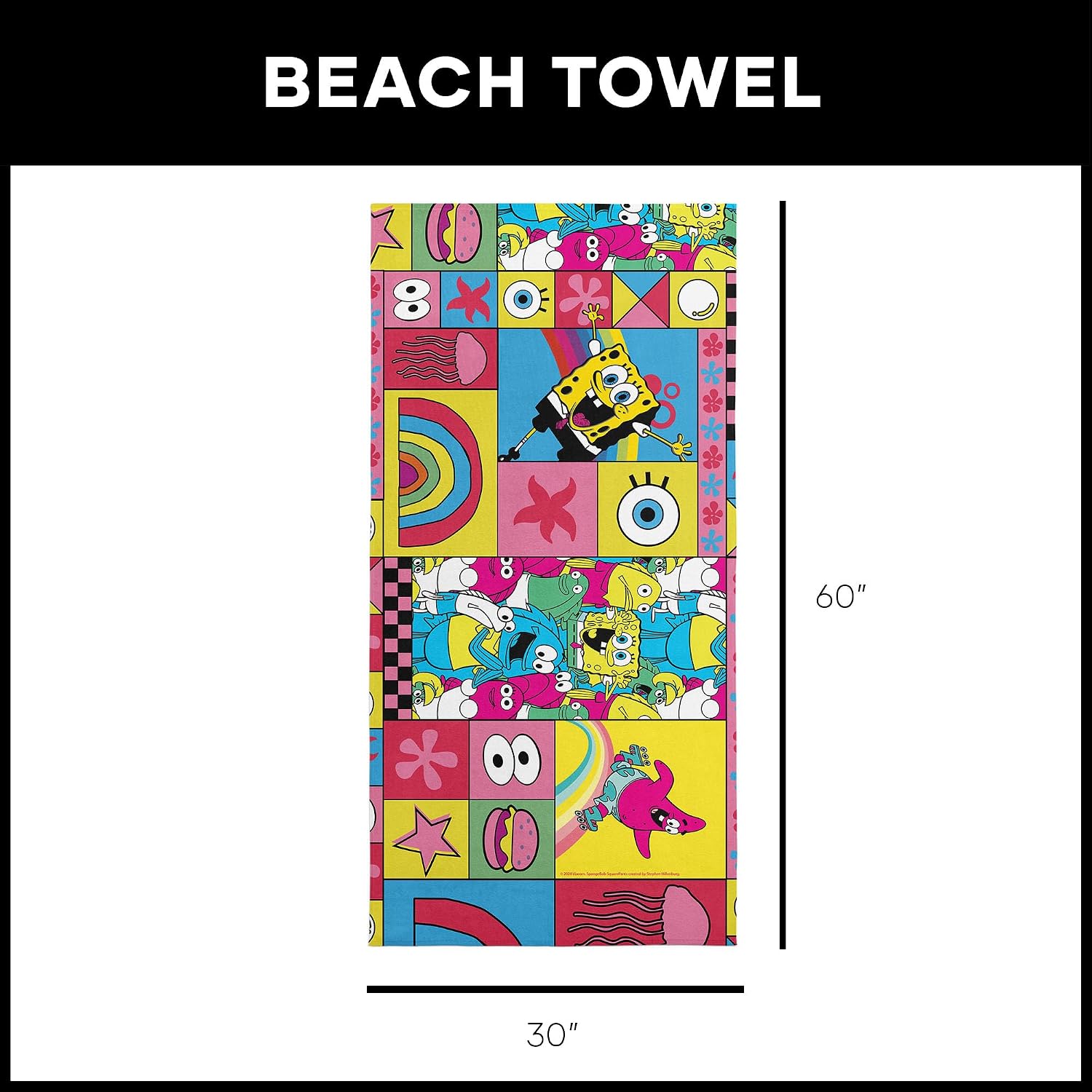 Northwest Spongebob Squarepants Colorful Spongebob Beach Towel, Soft Absorbent Pool & Bath Accessory, 30 x 60 Inches
