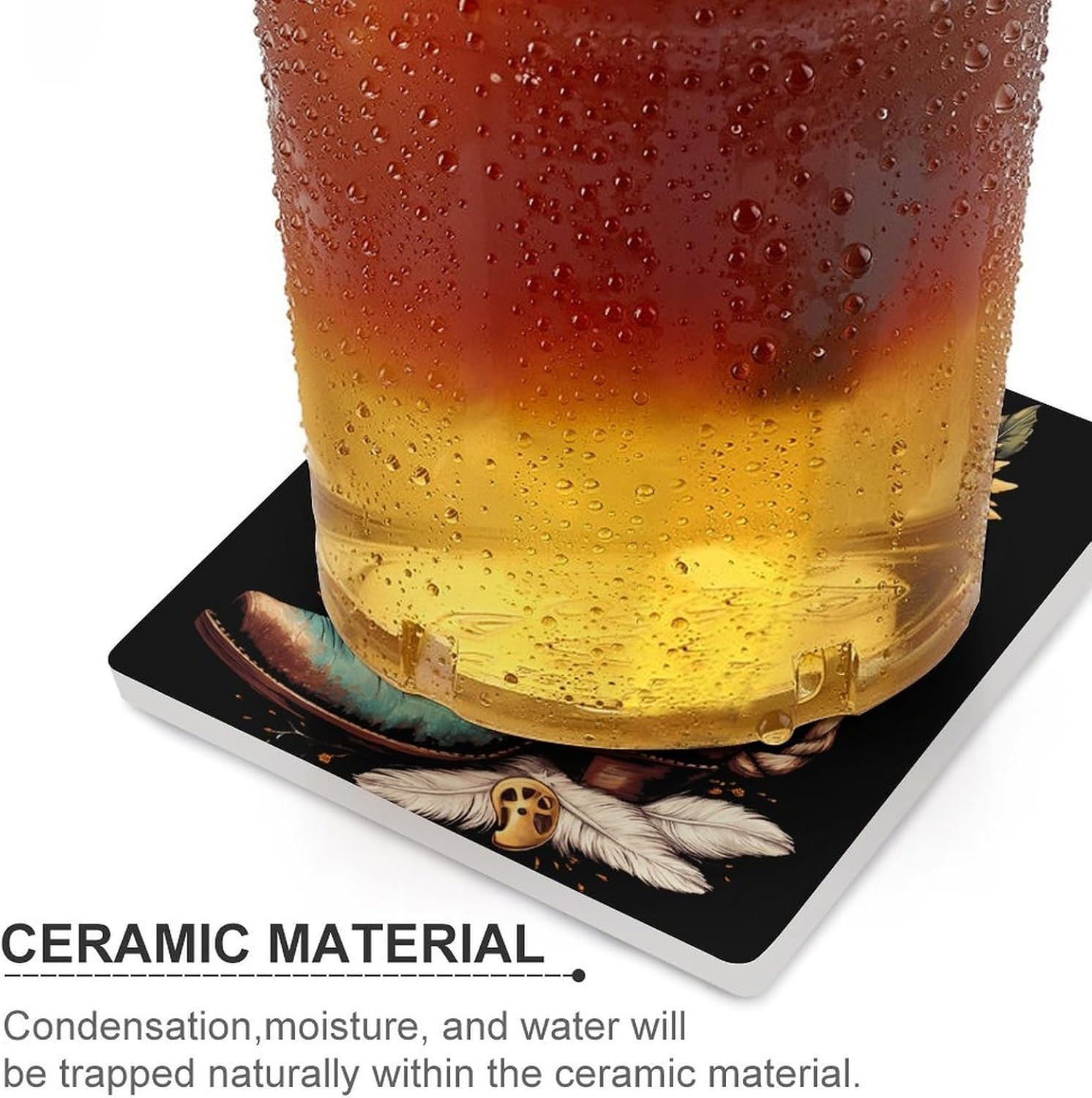 Boots Sunflower Feather Ceramic Coasters Set Square Drink Coasters Table Coaster for Kitchen Desktop Decor