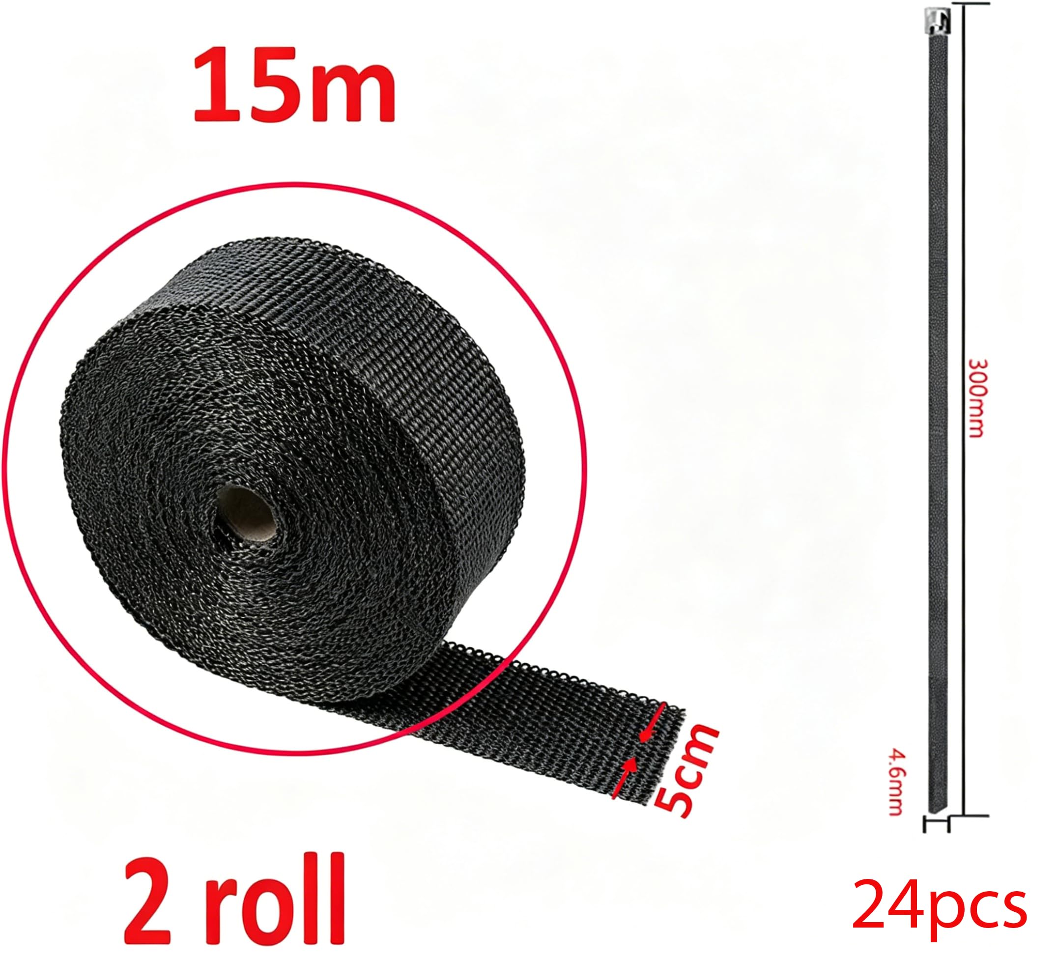 Arspark - Nastro isolante termico in fibra di vetro, 30 m, con 24 fascette in acciaio inox, isolamento termico, per auto e moto, collettore di scarico, camino, stufe a legna e stufe da campeggio