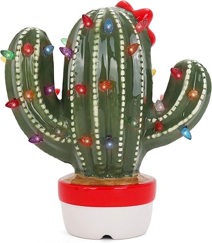 Milltown Merchants Cactus de Navidad de cerámica – Cactus de árbol de Navidad de cerámica vintage – Cactus de árbol de Navidad iluminado – Cactus