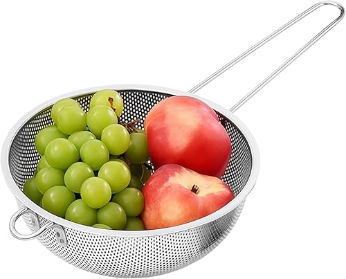 Stainless Steel Mesh Strainer with Long Handle, Fine Perforated Colander for Draining Pasta and Rice, Multi-Purpose Frying Net Spoon Sieve Kitchen