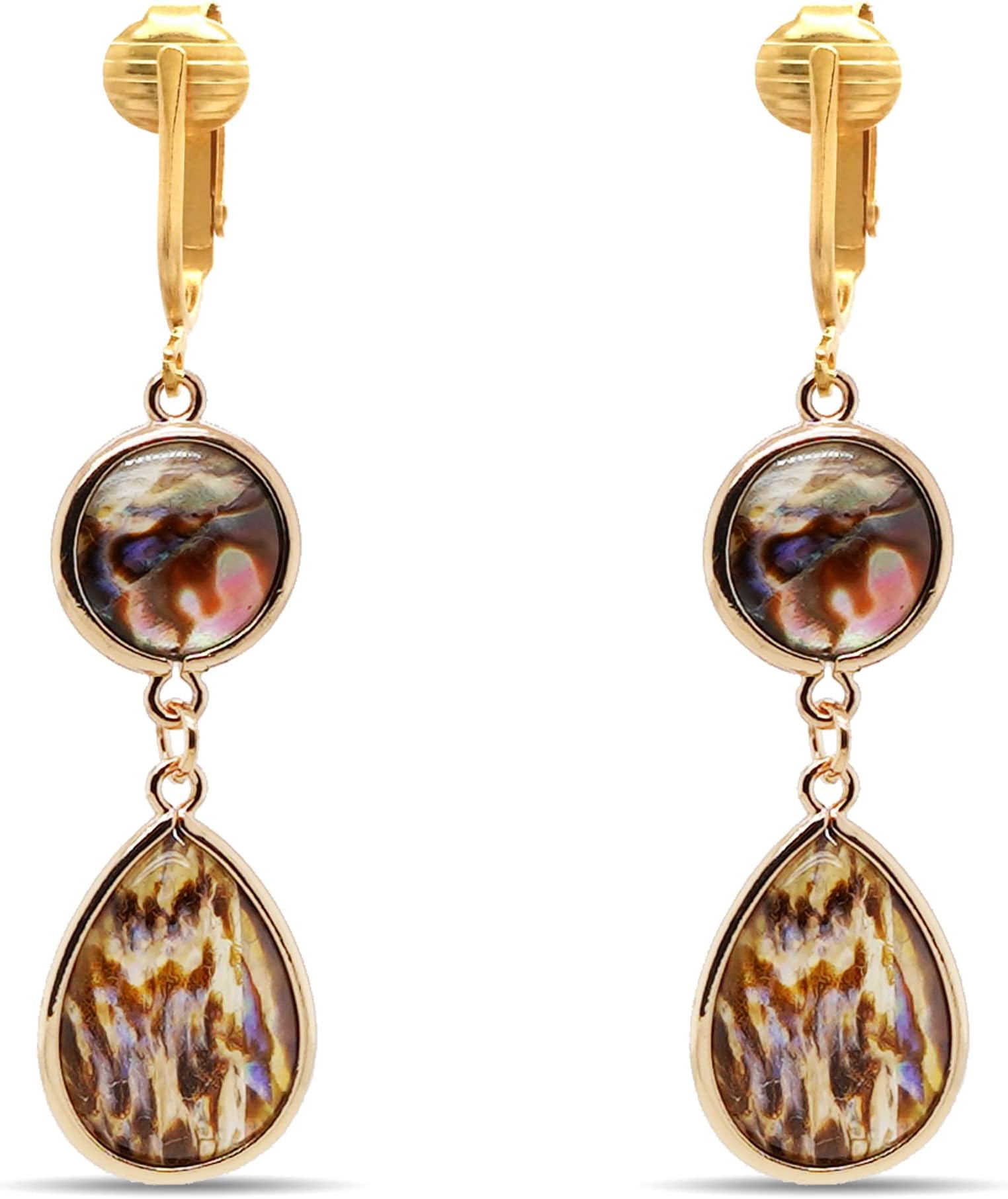 Aloha Earrings Tahitian-Style Abalone Paua Shell Clip On Earrings-Mother of Pearl Shells Authentic Ocean Romantic Shells Holiday, Authentic