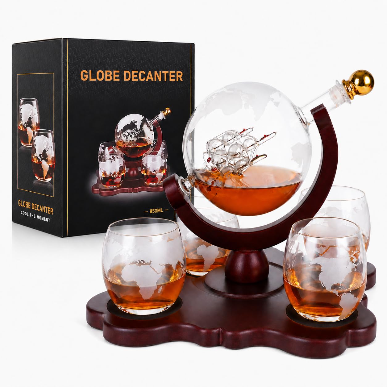 PONPUR Whiskey Globe Decanter Set with 4 Etched Globe Glasses, Gifts for Men Dad Husband, Unique Anniversary Birthday Gifts for Brother Boyfriend, Cool Stocking Stuffers Bourbon Whikey Gifts