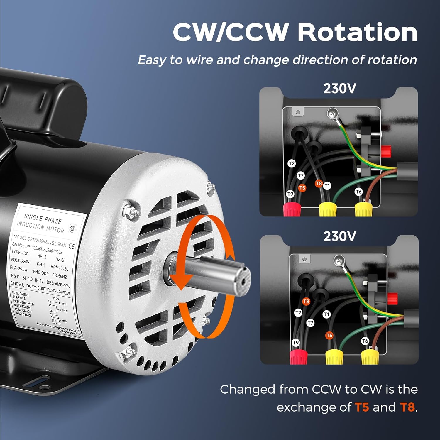 Bonvoisin 5HP Air Compressor Motor 56HZ Frame 3450RPM Single Phase Electric Motor, 7/8" Keyed Shaft, 2.25" Shaft Length, CCW/CW Rotation, 230V, 25 Amps