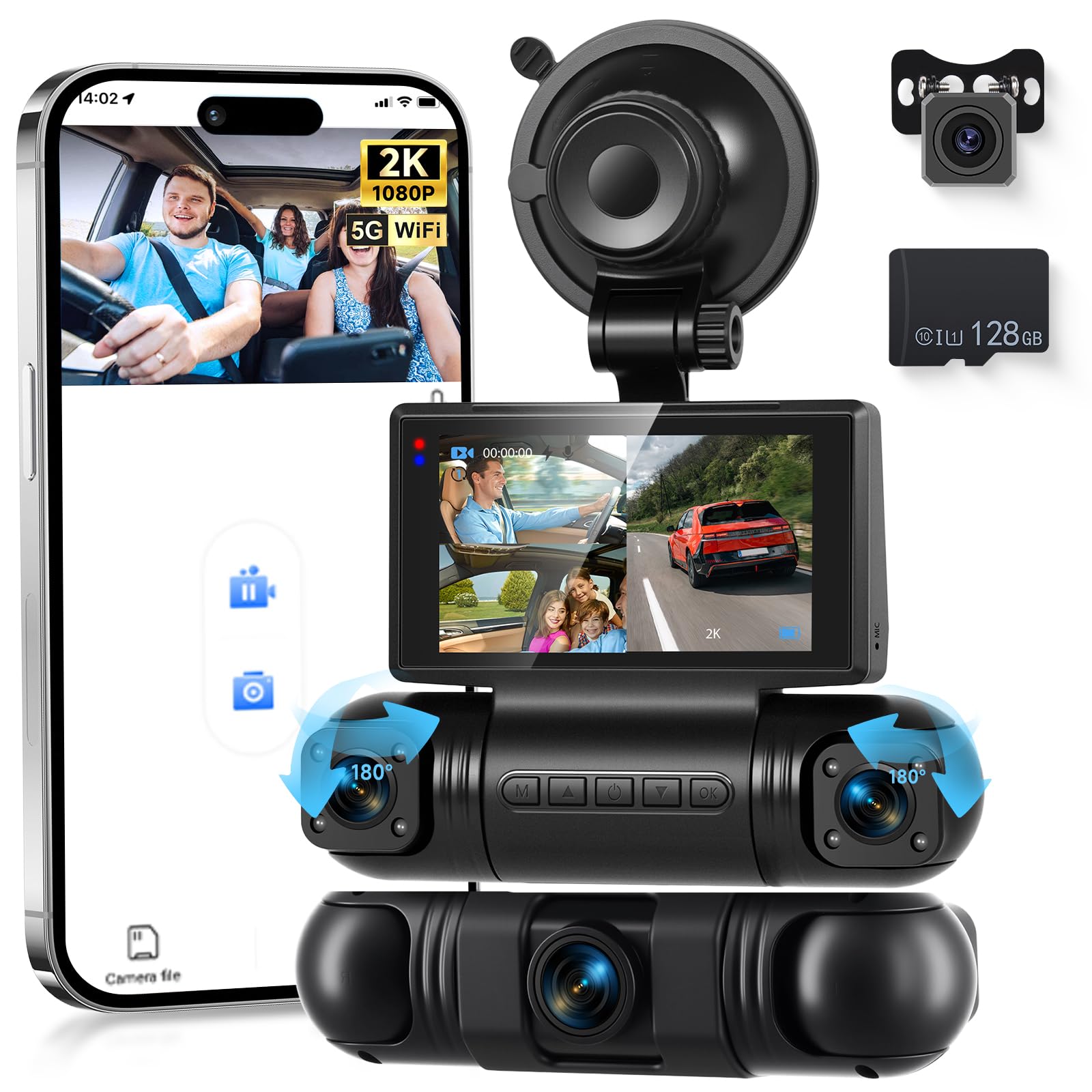 VECHTEL Dashcam Voiture 2K avec Wi-FI,4 caméras embarquées 1080P avec écran IPS 3 Pouces, Vision Nocturne, accéléromètre, Protection à 360 degrés, avec Une Carte de 128 Go,G-Capteur