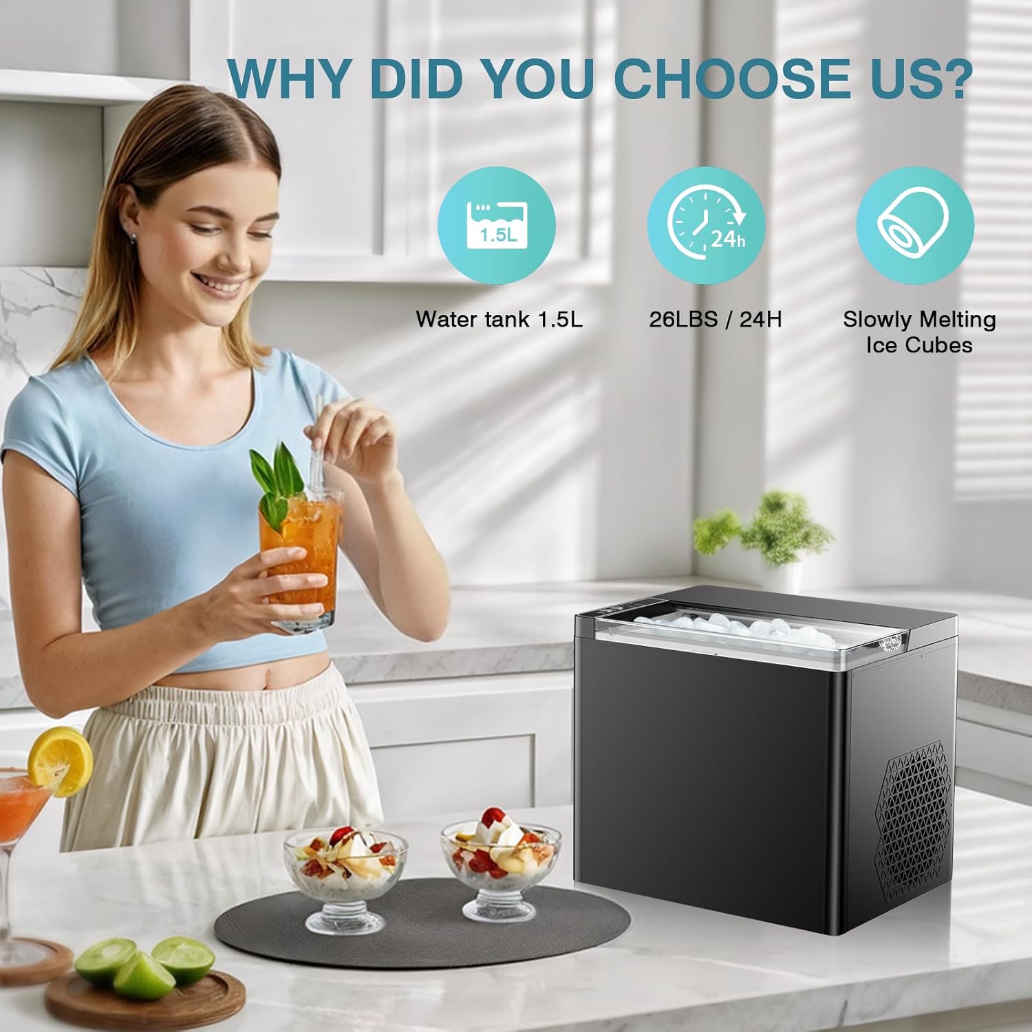 Ice Makers Countertop, 9 Ice Cubes in 6 Mins Portable Ice Maker, 2 Sizes of Bullet Ice (S/L) Small Ice Machine for Home Kitchen Camping (Slate)