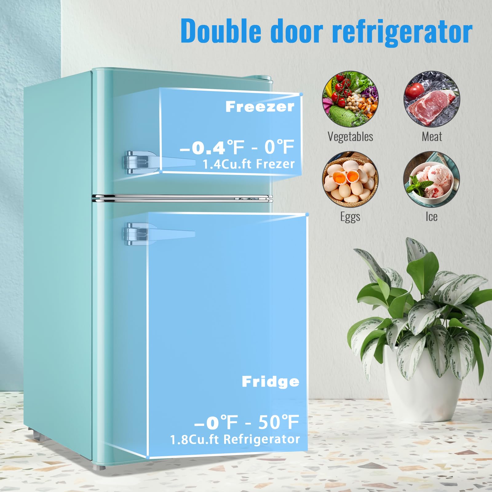 WANAI 3.5 Cu.Ft Retro Mini Fridge With Freezer Small Retro Dual Door Refrigerator Freestanding Compact Refrigerator With Freezer 2 Door Mini Fridge For Bedroom, Dorm, Office Blue on Fridge.com - View 4