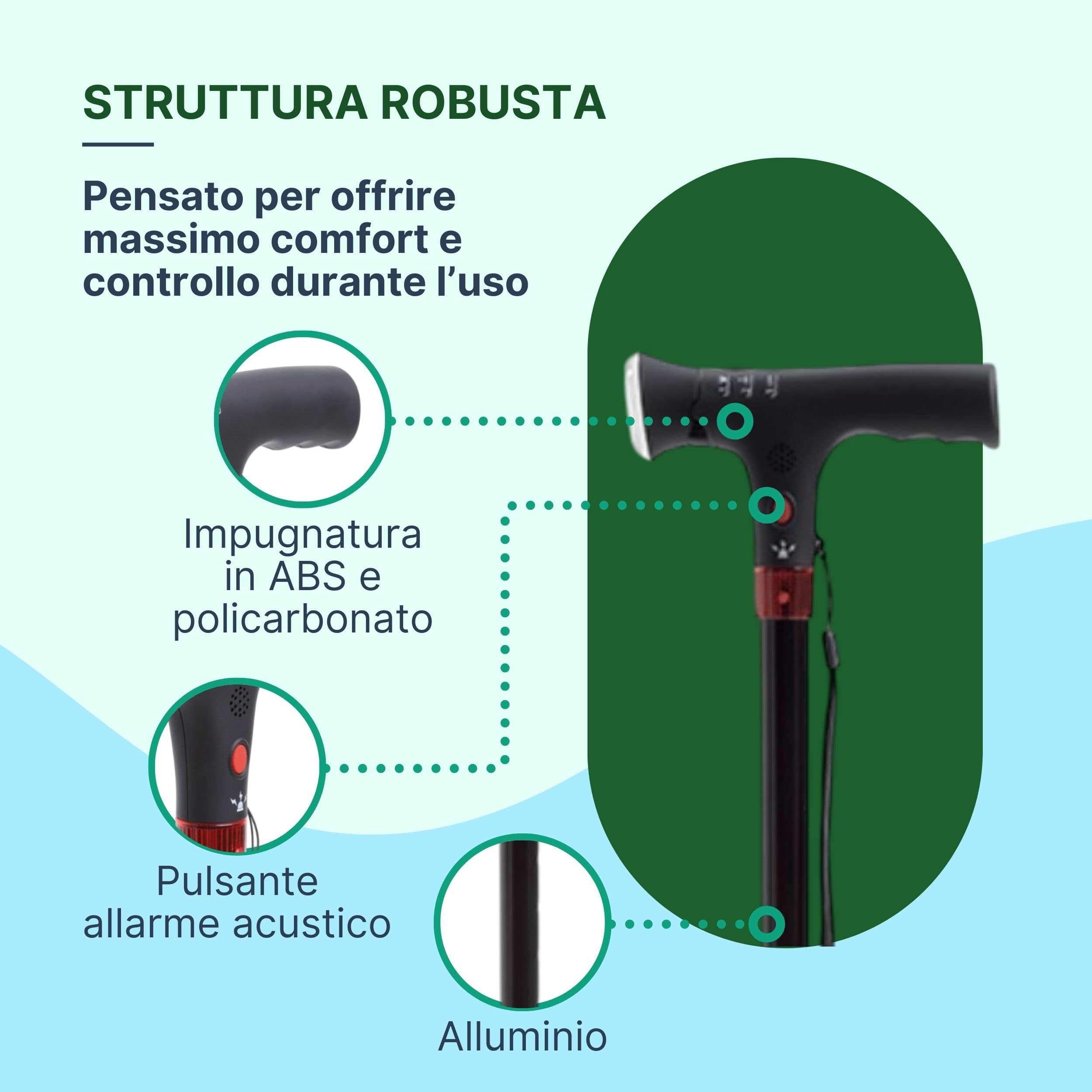 Bastone per Anziani in Alluminio con Luce Led e Allarme Acustico, Bastone da Passeggio con Impugnatura Ergonomica, Regolabile H. 74-96cm