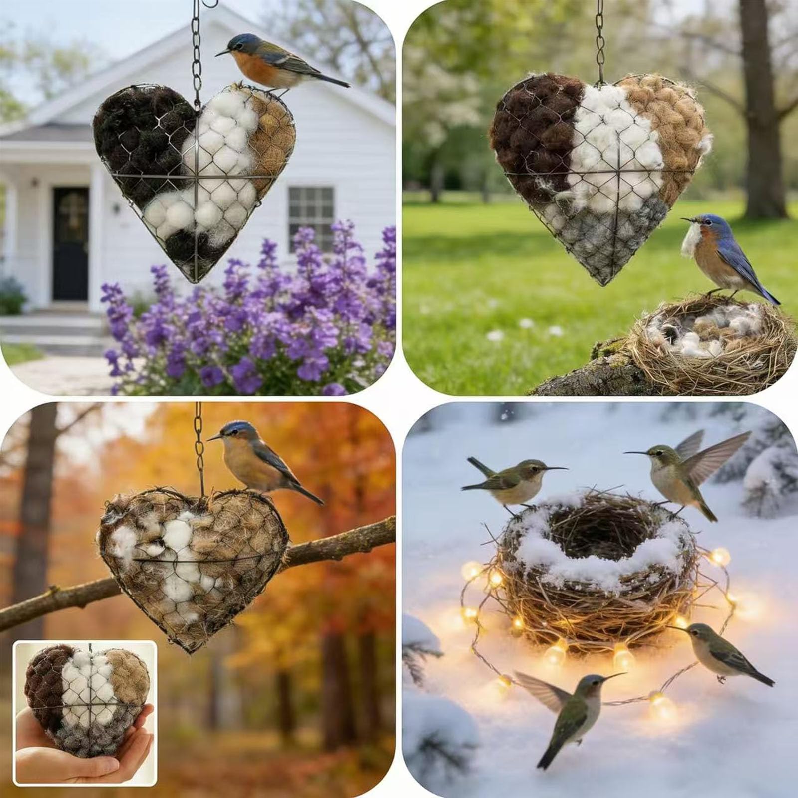 Nidificazione a forma di cuore in fibra di alpaca, supporto per uccelli selvatici, colibrì, casa e giardino, decorazione artistica