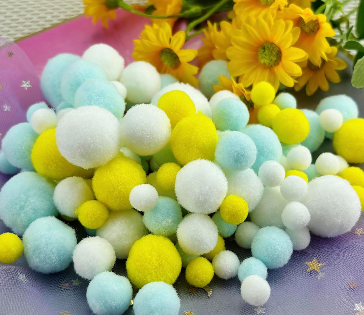 Jxpinet 1000 Pcs 1 cm to 3 cm Pom Poms,Assorted Size Pompoms Multicolor Bulk Pom Poms for Arts and Crafts,Yellow,White,Blue Color