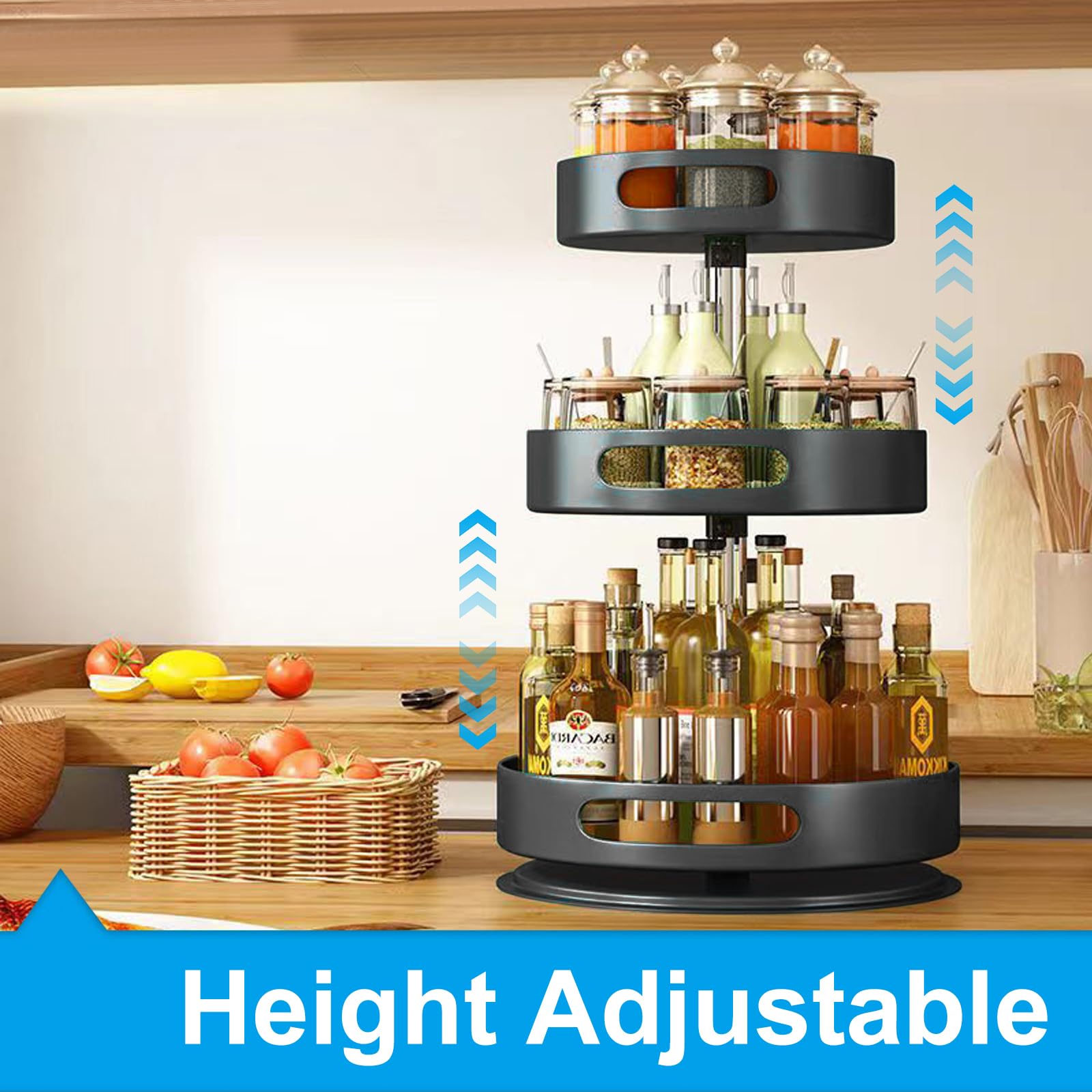 Lazy Susan Organizer, 2/3 ripiani, girevole a 360°, in acciaio al carbonio, supporto per spezie, regolabile in altezza, per cucina, tavolo, piano di lavoro, armadio, dispensa (3 piani)