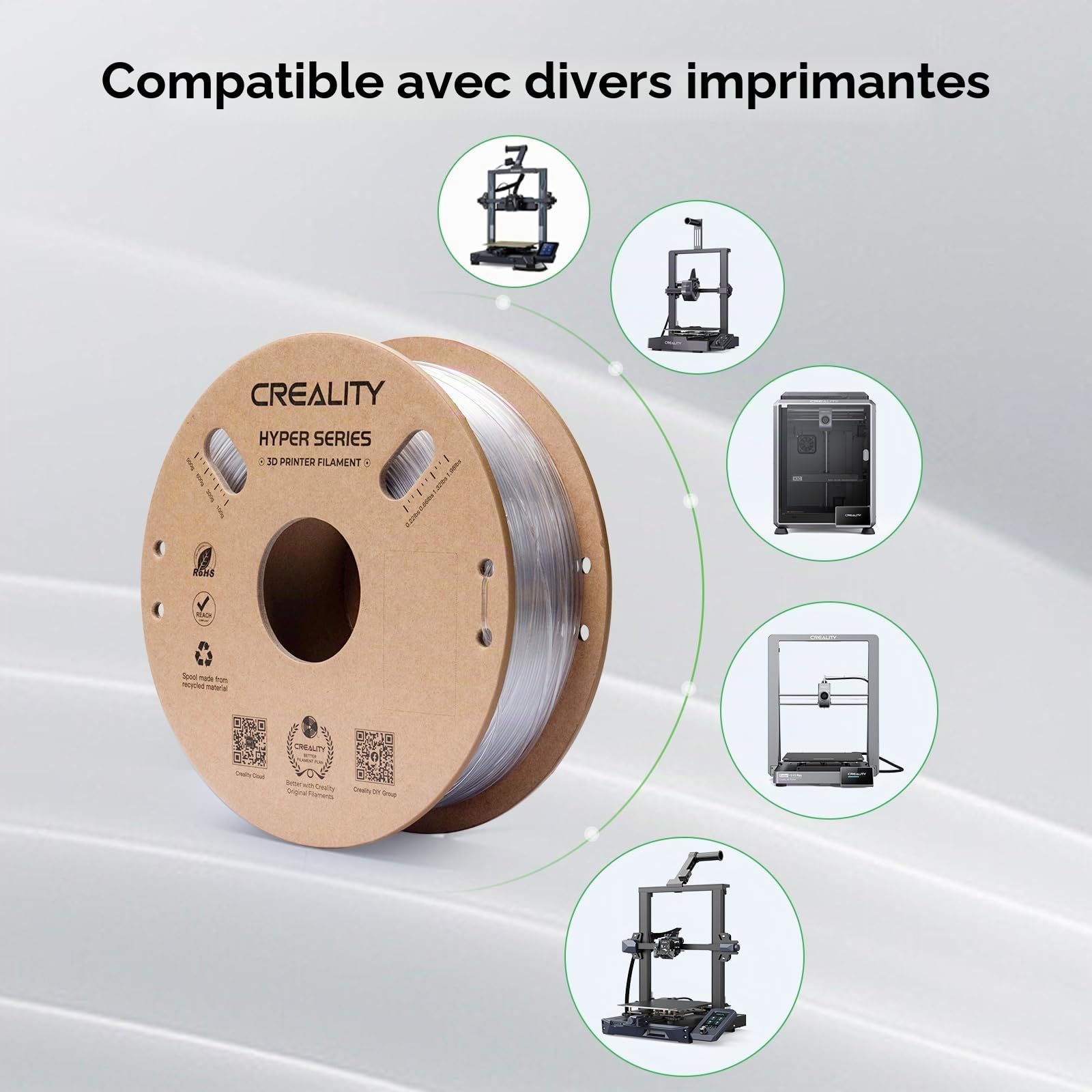 Creality Hyper PETG Filament 1,75 mm, Filament d'imprimante 3D Conçu pour Une Vitesse élevée de 30 à 600 mm/s, 1 kg (2,2 LB)/Bobine de Filament, Précision Dimensionnelle ±0,03mm, Transparent