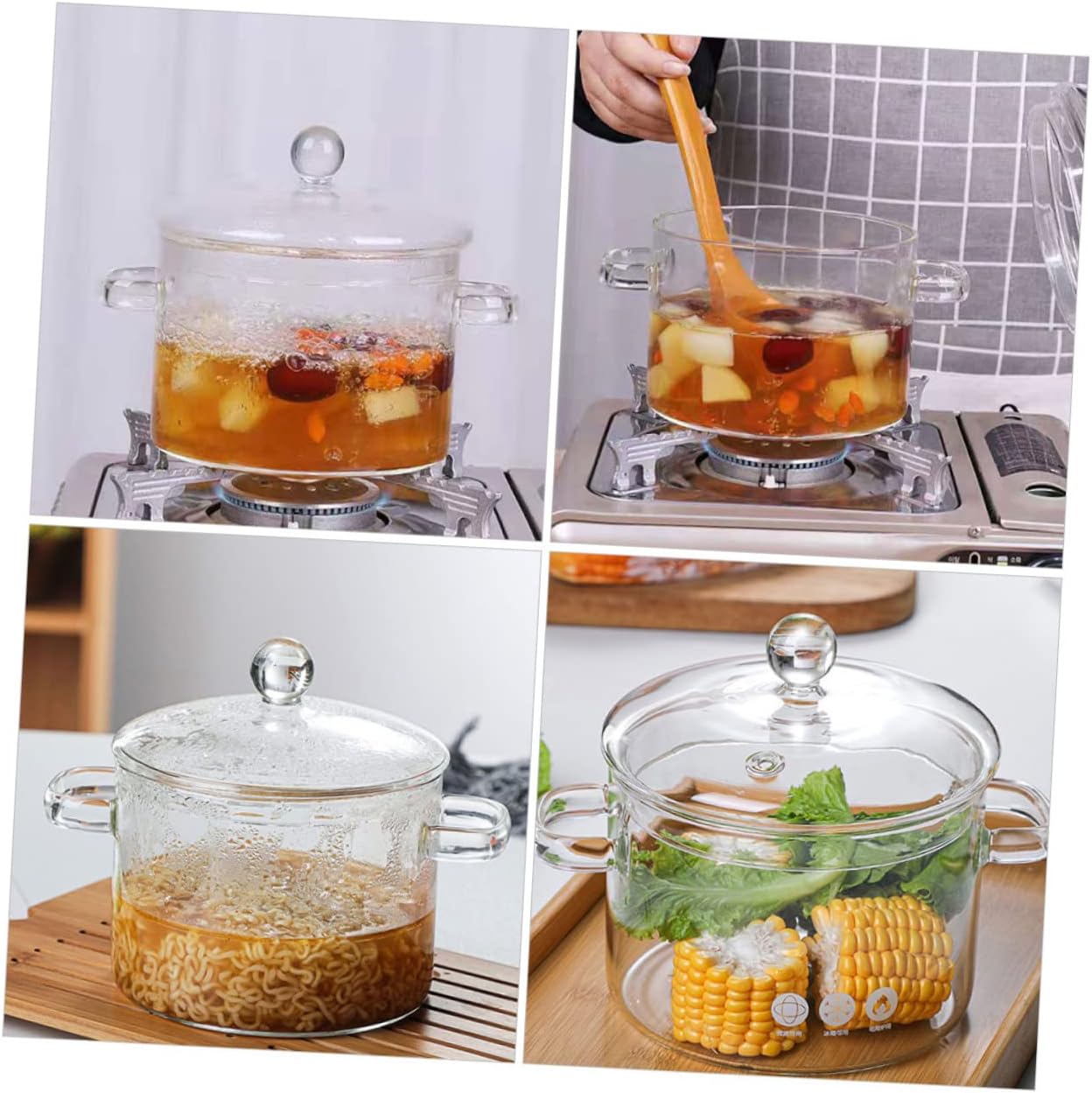 PRETYZOOM 1500ml Glass Soup Pot Set Sturdy Lid Heat-resistant Kitchenware Smooth Handle for Safe Cooking Easy to Clean