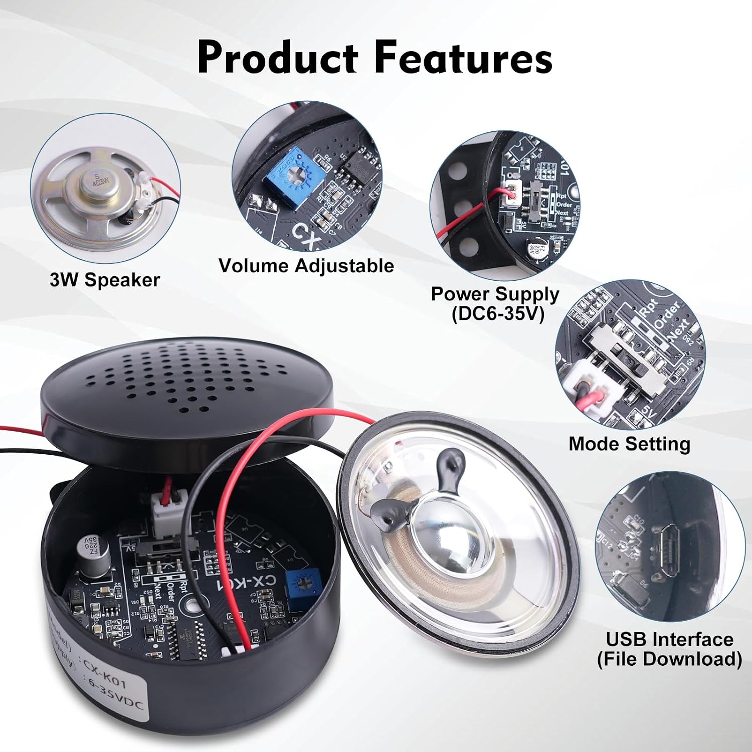 PEMENOL Voice Playback Module with 3W Speaker, 6–35V DC Input, USB Audio Upload, 3 Playback Modes, 4MB Memory, Adjustable Volume, Sound Board for DIY Projects and Equipment Store Factory