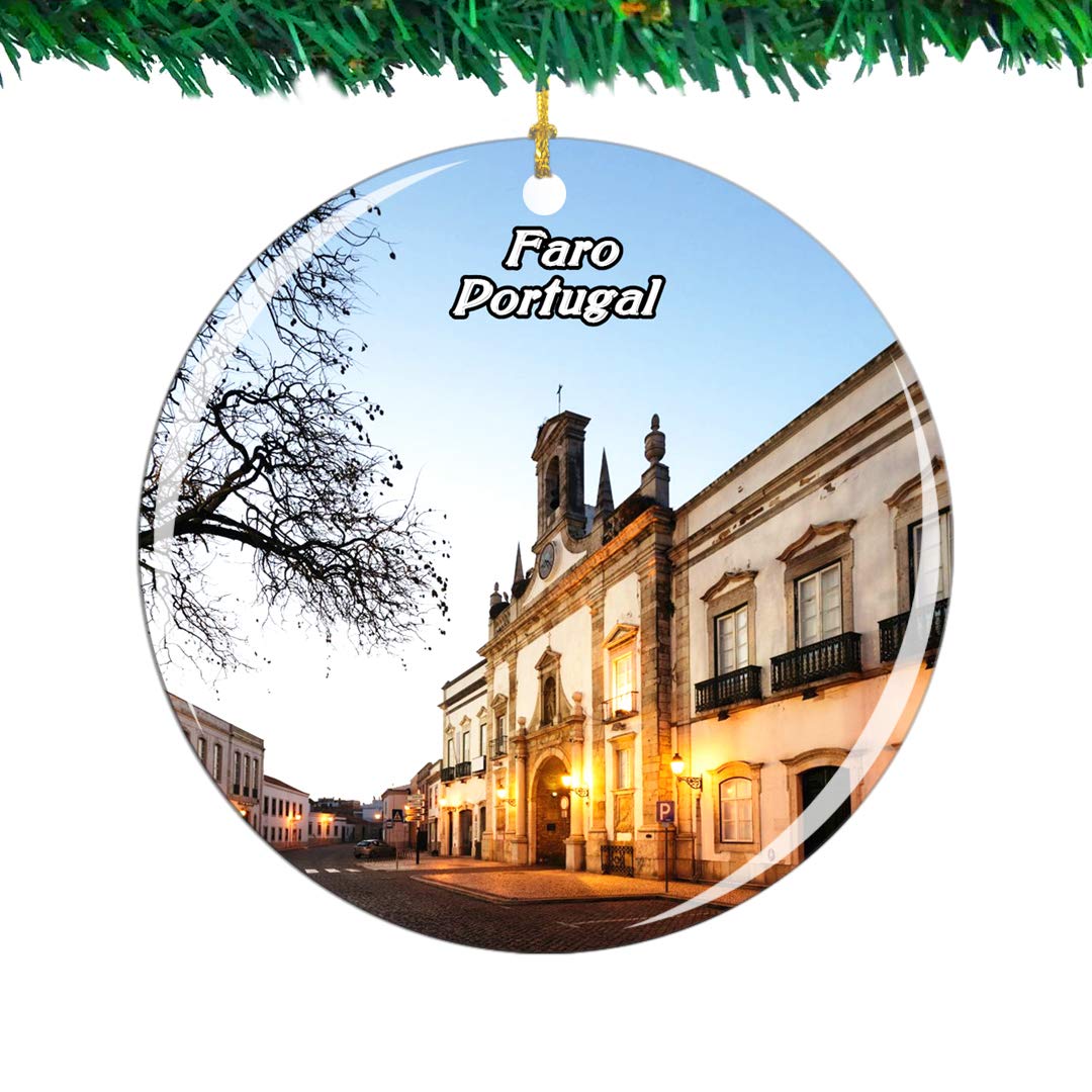 Weekino Golden Portugal Old Town Faro Christmas Ornament City Travel Souvenir Collection Double Sided Porcelain 2.85 Inch Hanging Tree Decoration