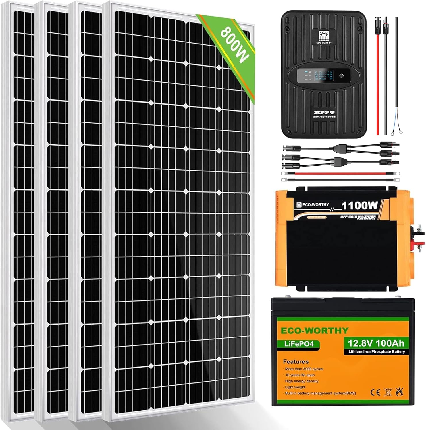 【Amazon限定ブランド】ECO-WORTHY 800W ソーラーパネルキット 太陽光発電システム 3.12KWH 195W ソーラーパネル *4と1000Wインバーターと40AMPPTコントローラーと100AHバッテリー 独立型 単結晶シリコン 自作 家庭用 DIY【ISO 9001/RoHS/TÜV準拠】
