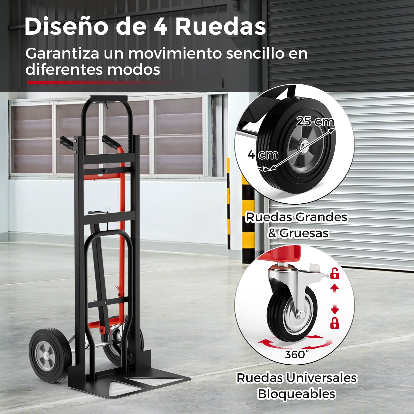 COSTWAY 3 en 1 Carretilla de Mano Plegable, Carretilla de Transporte Convertible con 4 Ruedas de Goma, Cuerda de sujeción, Carretilla de Carga Industrial con Plataforma Plegable, Carga 450 kg (Rojo)