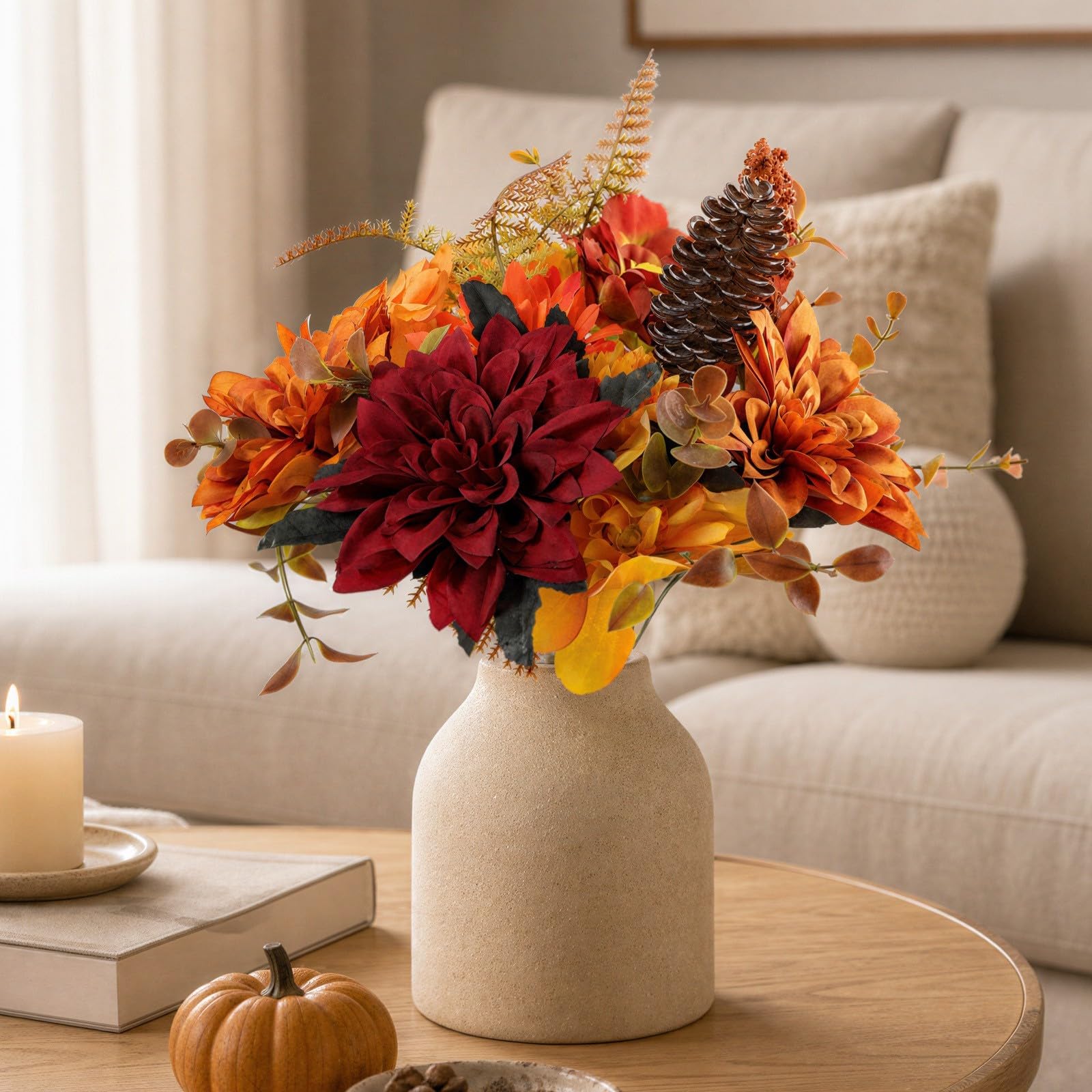 Künstlicher Chrysanthemen Strauß Saison - Seidenblumen für deko mit Eukalyptus für Vase Tischdeko Wohnzimmer 42cm(E)