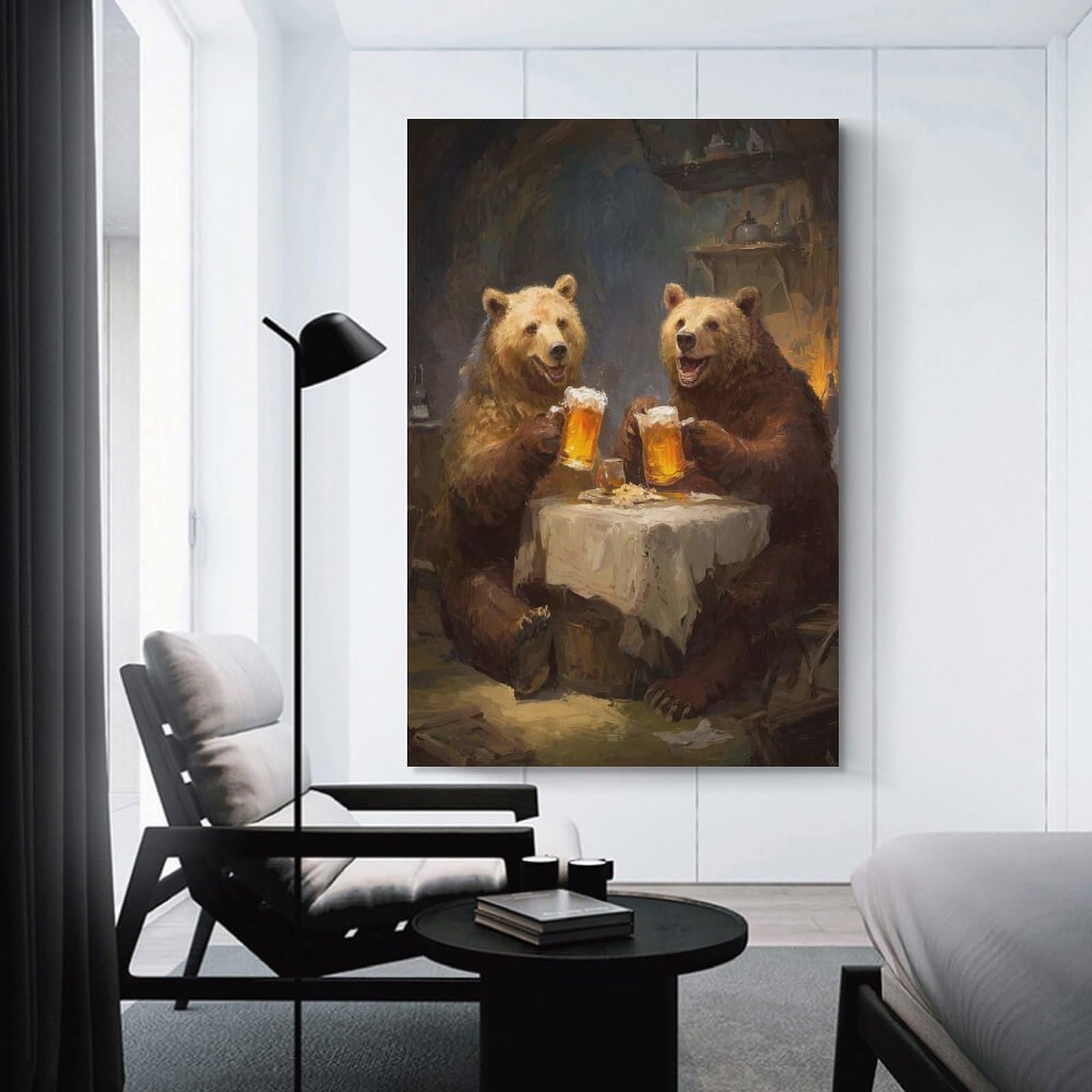 Junmoney Unframe-Style-5 Canvas Art Print Bears Drinking Beer At A Table, 20X30inch(50X75cm), For Office, Study Or Home Workspace, Wall Art That Adds Style To Work Areas