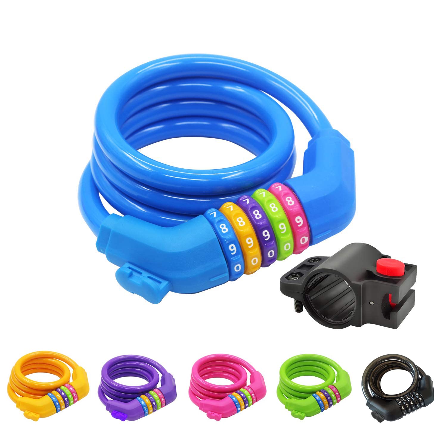 GOLDPOOL Bicycle Lock Combination Lock, 1200 mm x 12 mm, 5-Digit Combination Code, Multicolor, Self-Retracting